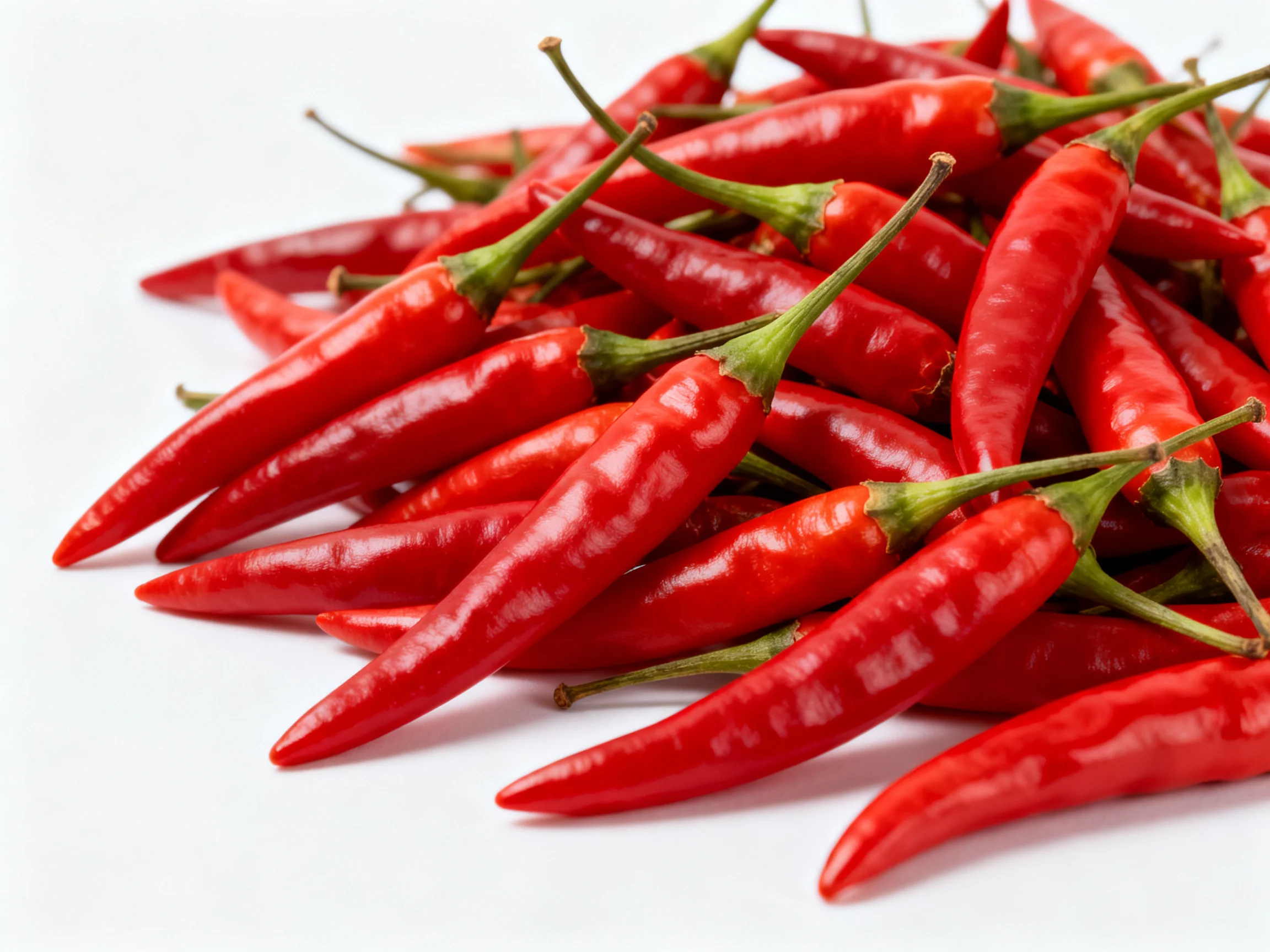 A large pile of glossy red chili peppers with green stems