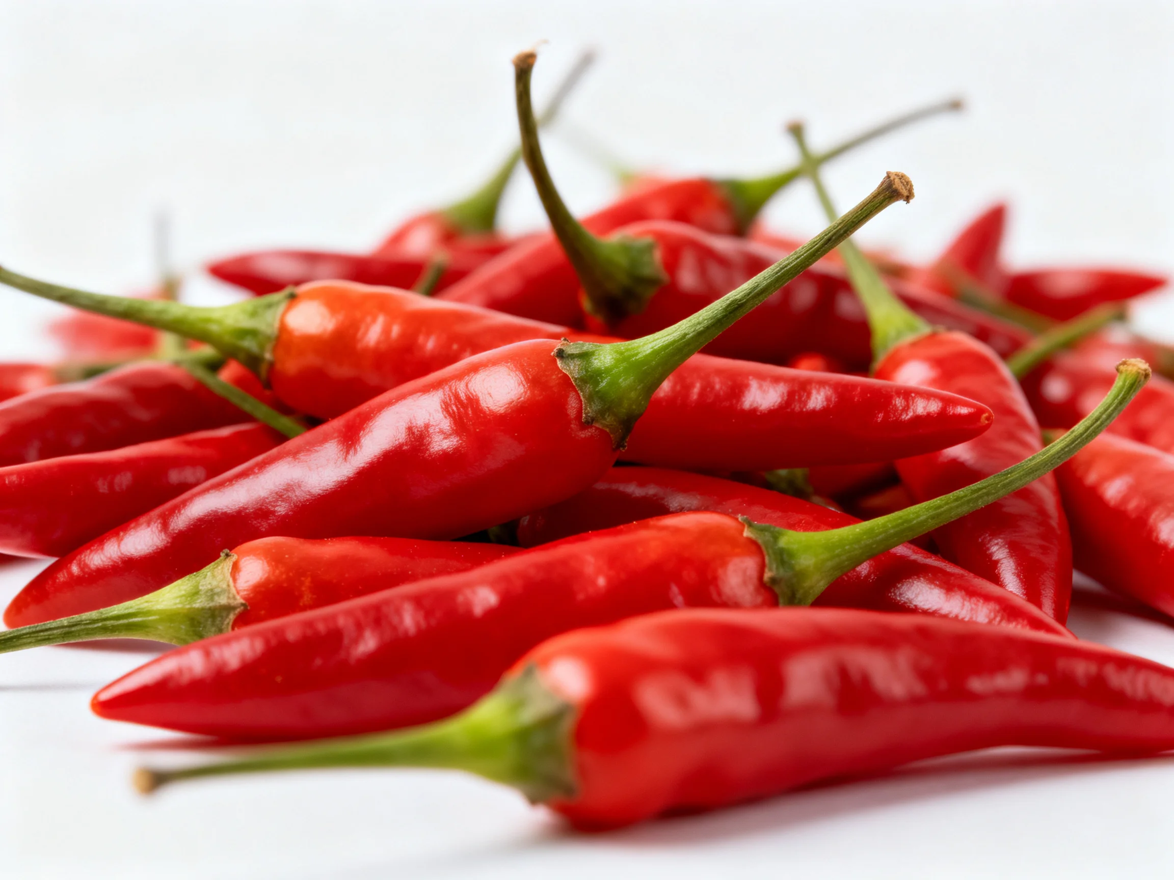 A large pile of glossy red chili peppers with green stems