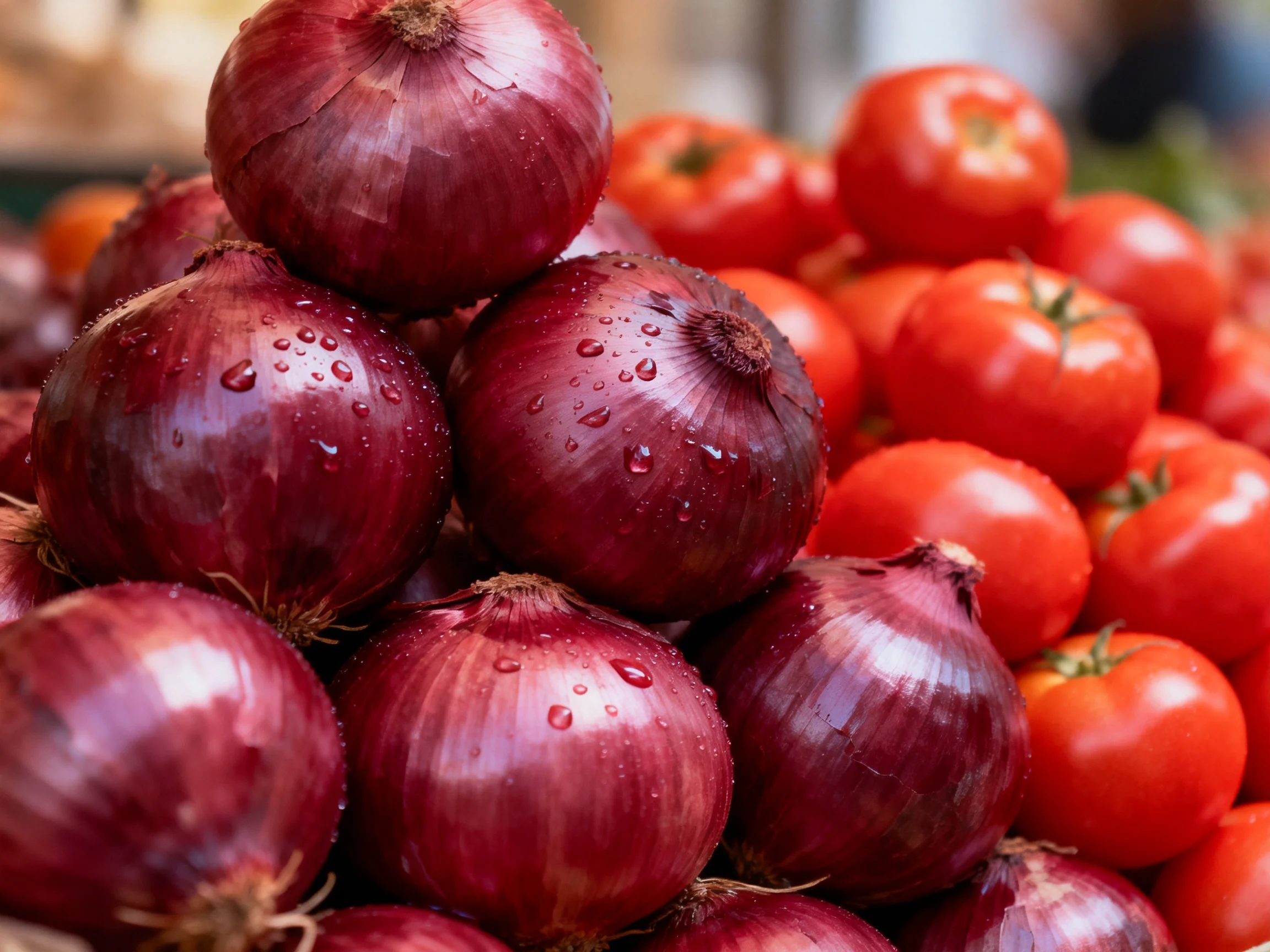 A large pile of glossy red onions beside clusters of bright red tomatoes