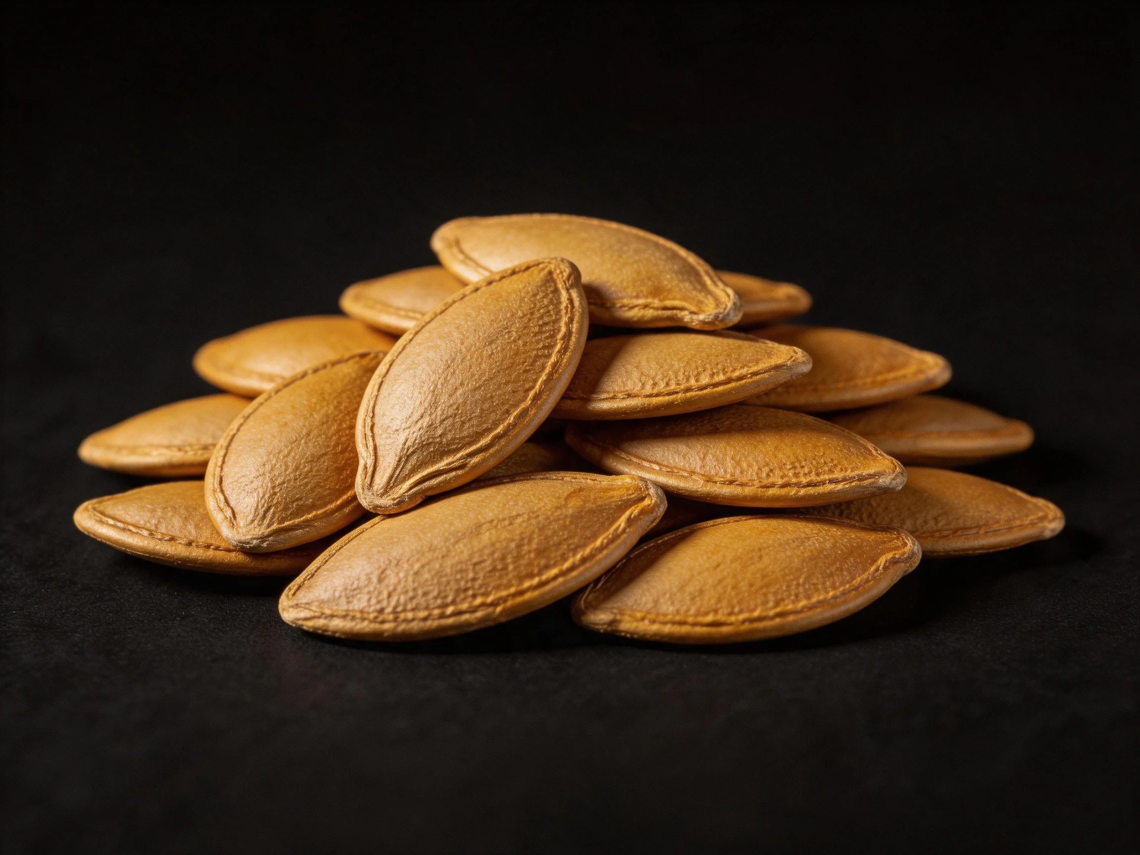 A large pile of golden-brown pumpkin seeds arranged on a black background