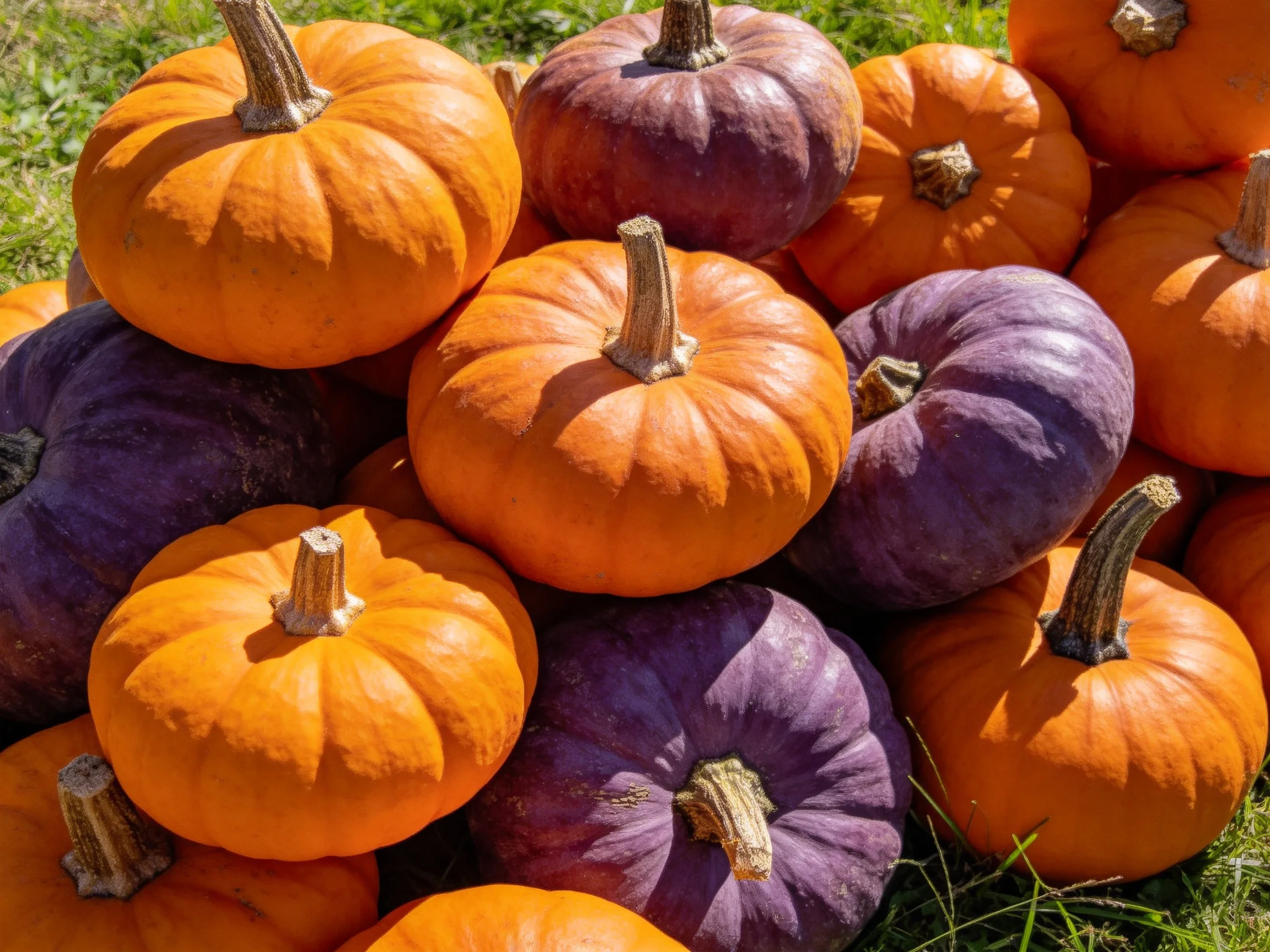 A large pile of orange and purple pumpkins arranged on grass