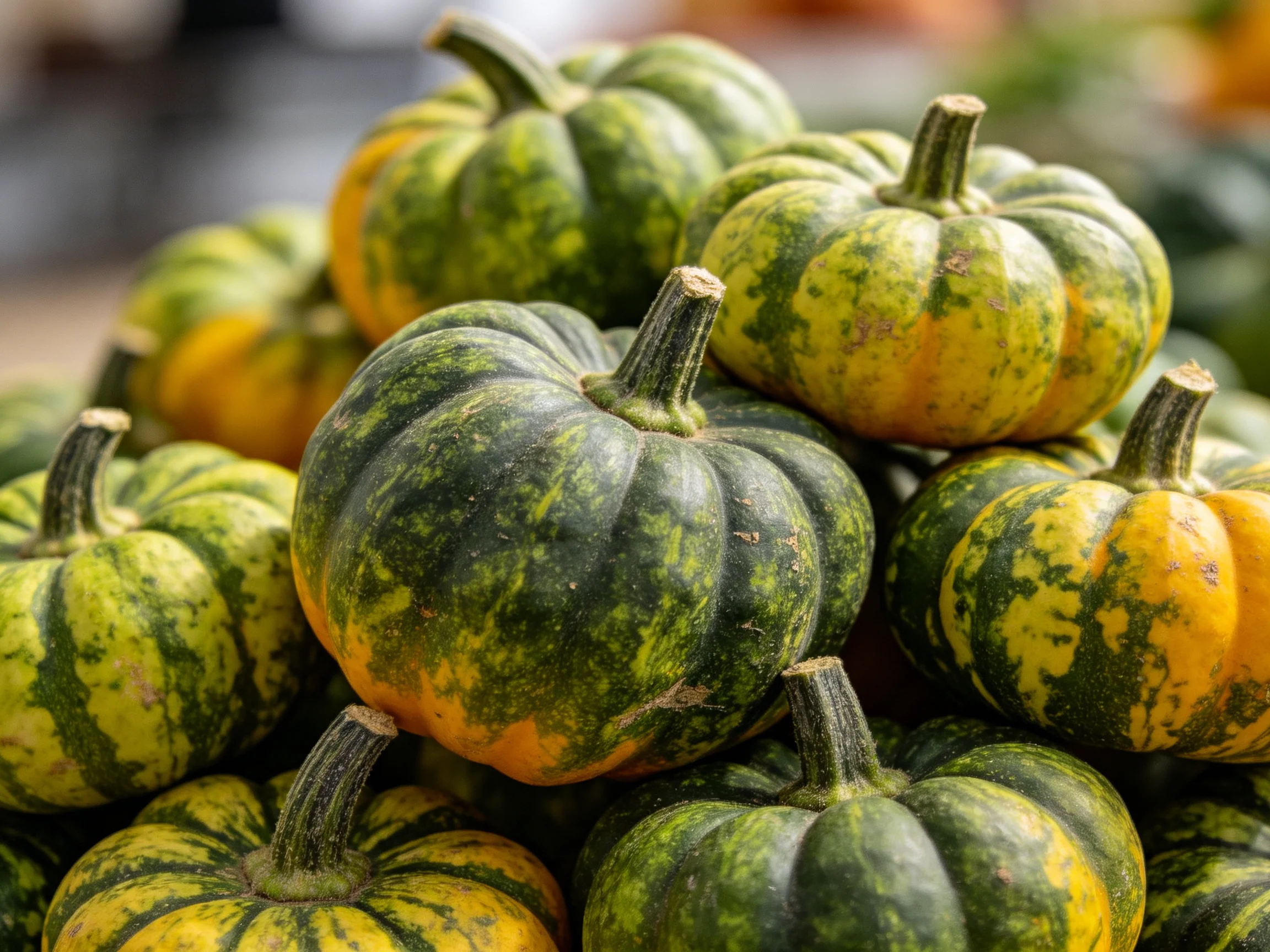 A large pile of small green and orange striped squashes stacked together