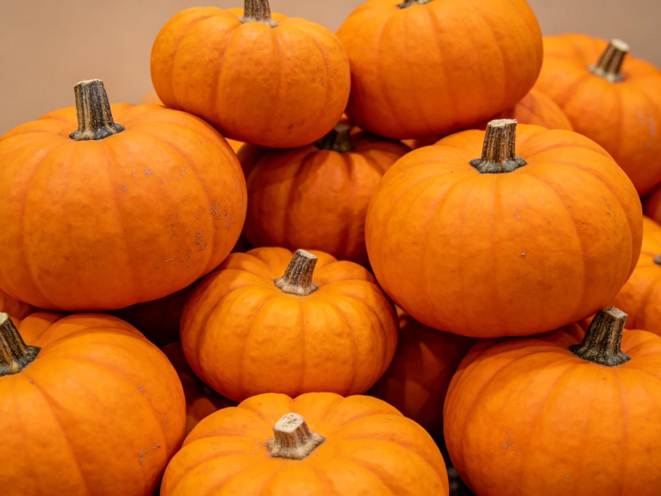 A large pile of small orange pumpkins stacked together