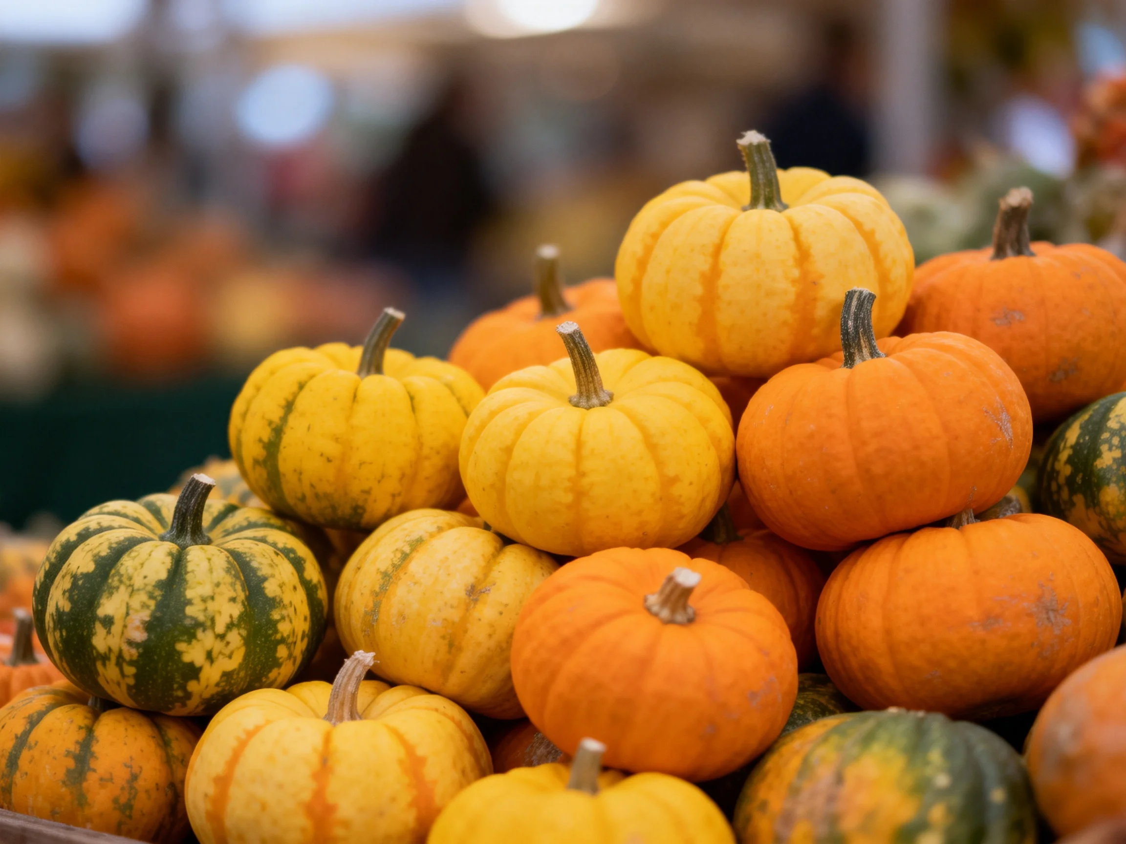 A large pile of small pumpkins in yellow, orange, and green hues