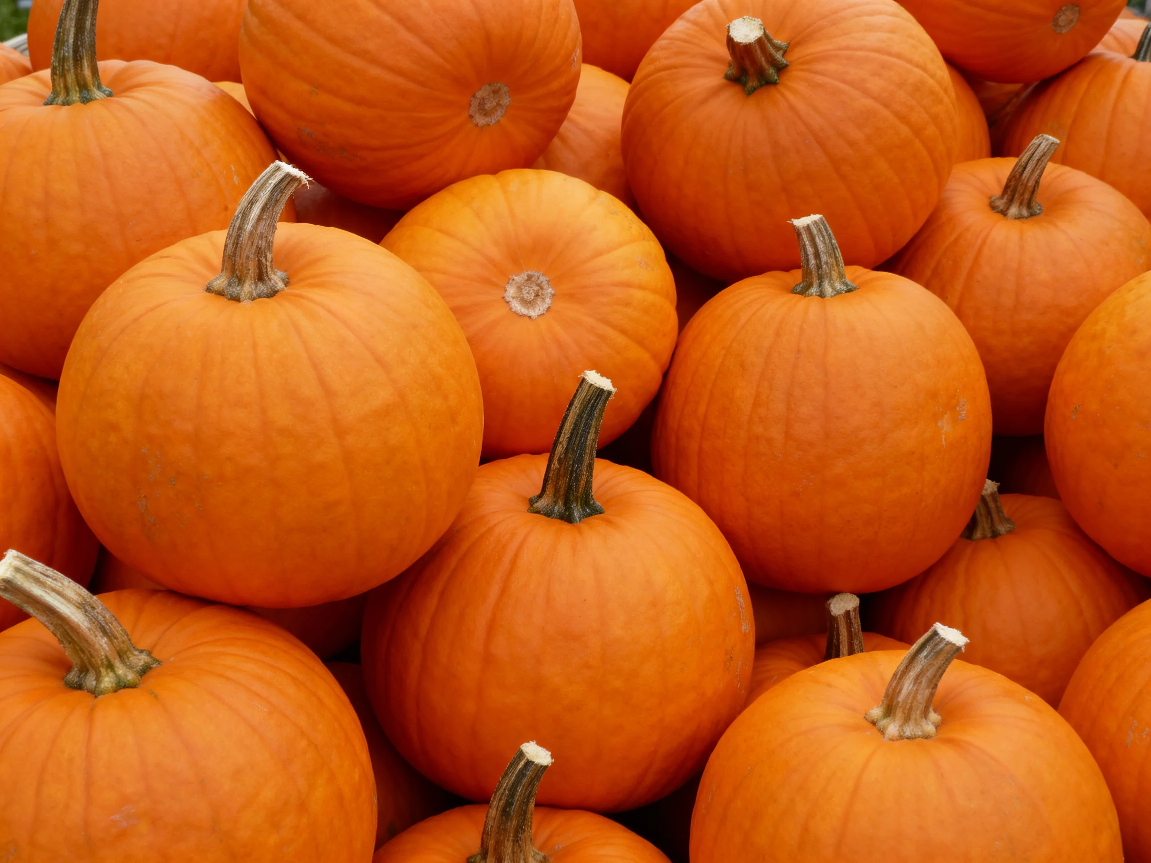A large pile of vibrant orange round pumpkins stacked closely
