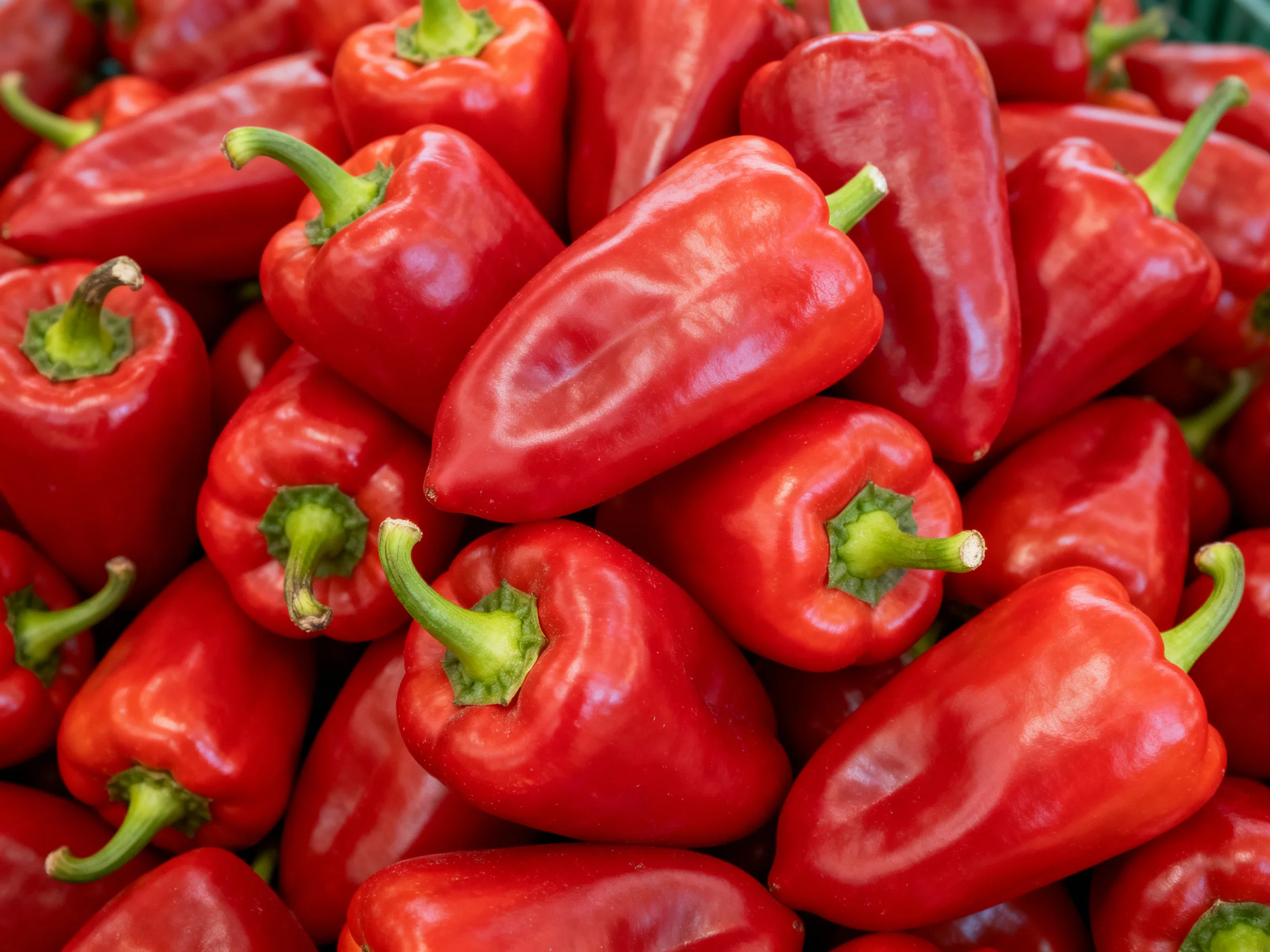 A large pile of vibrant red bell peppers with green stems