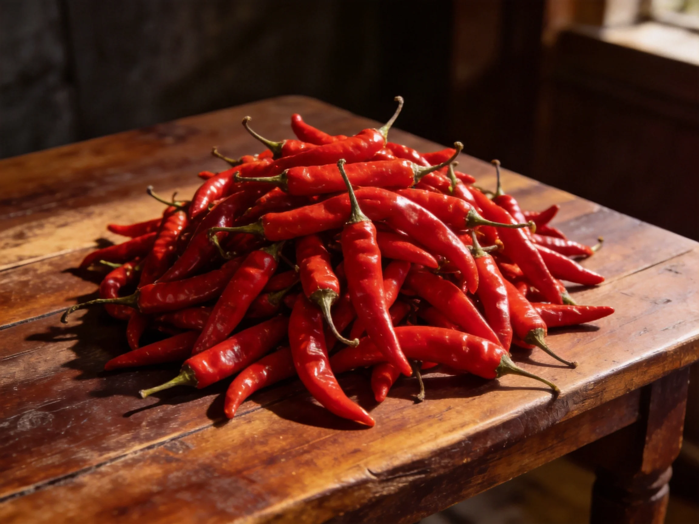 A large pile of vibrant red chili peppers stacked on an aged wooden table