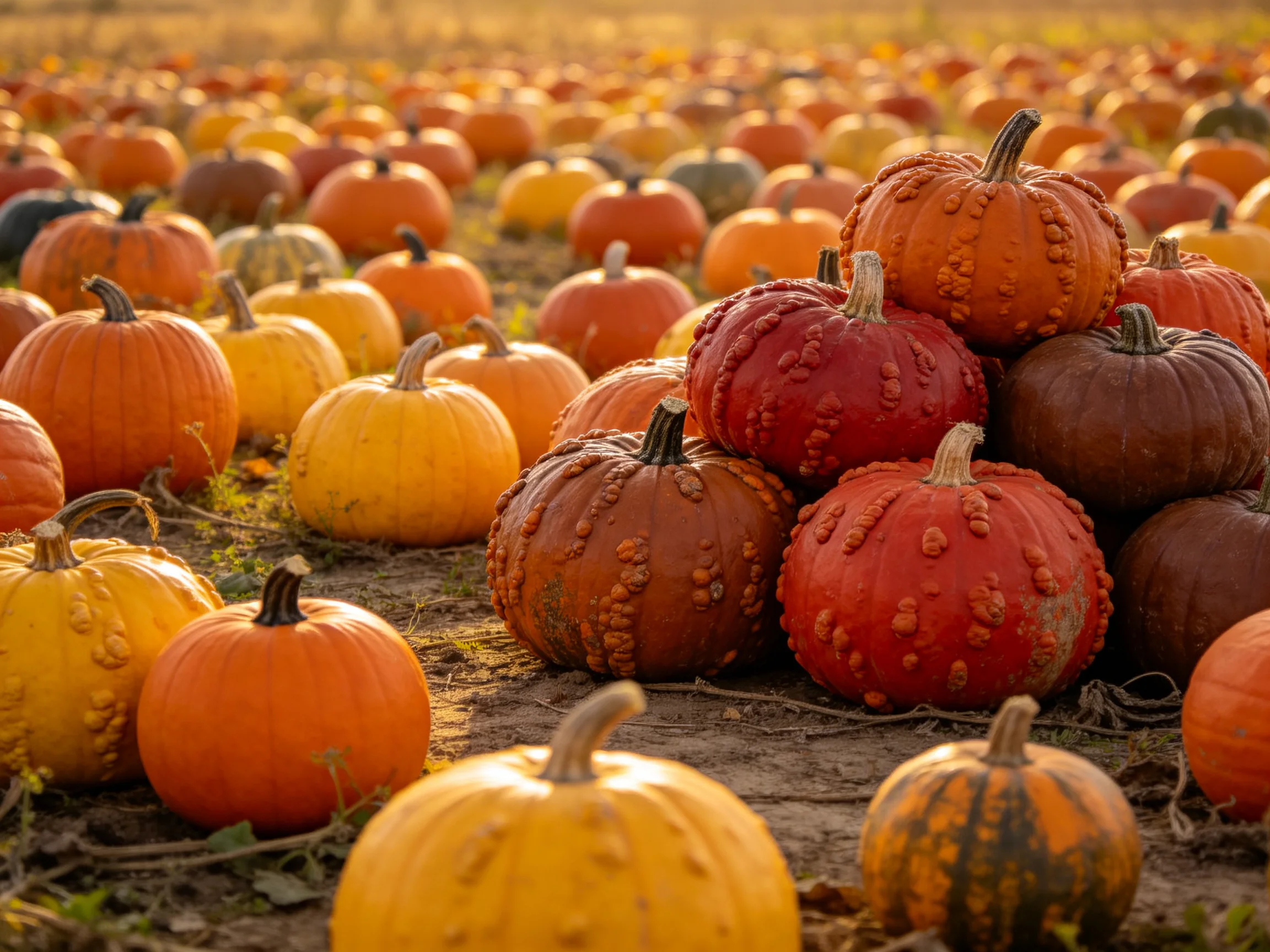 A large pumpkin patch with multicolored, uniquely textured gourds
