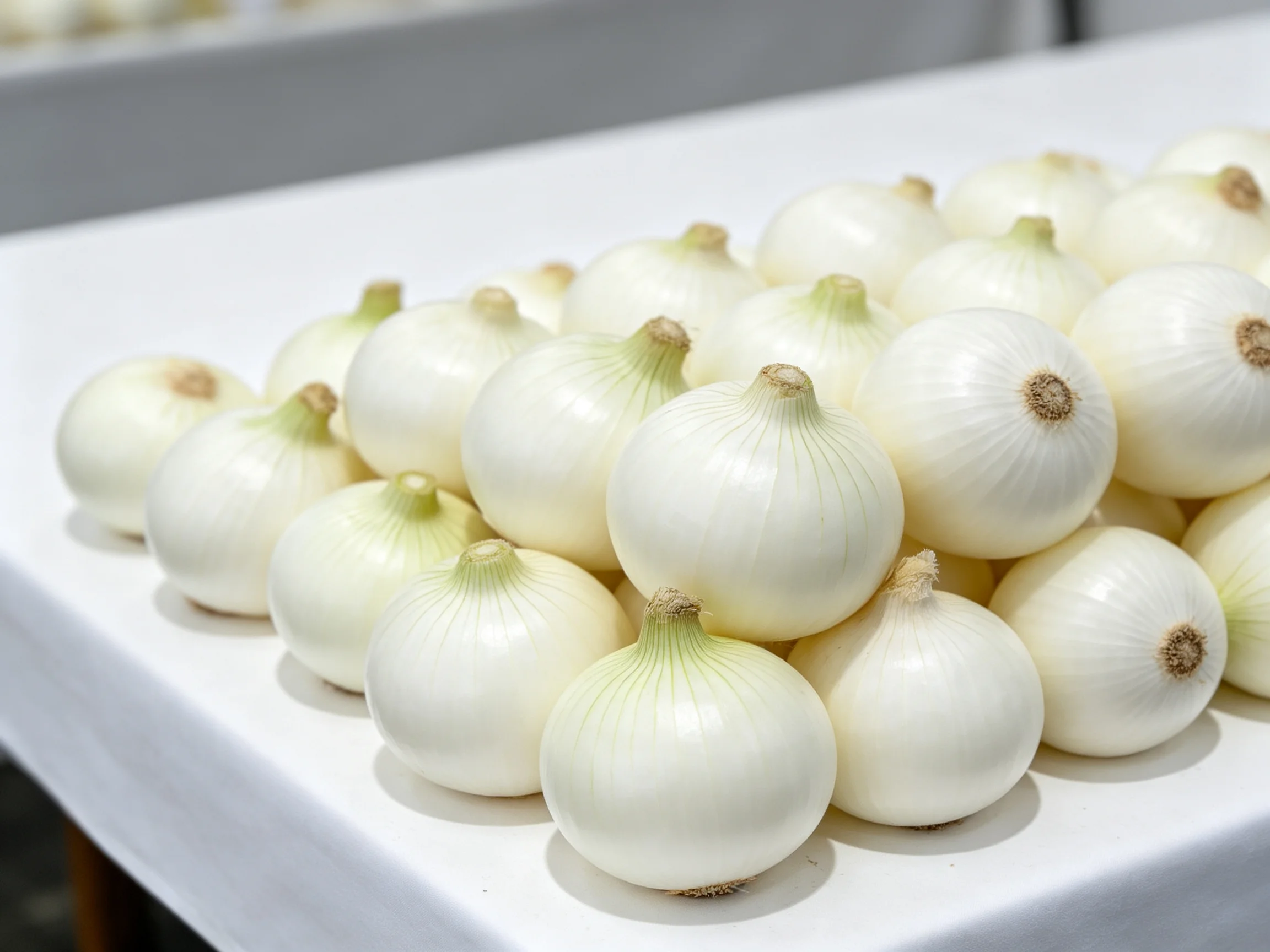 A large quantity of fresh white onions arranged on a white surface