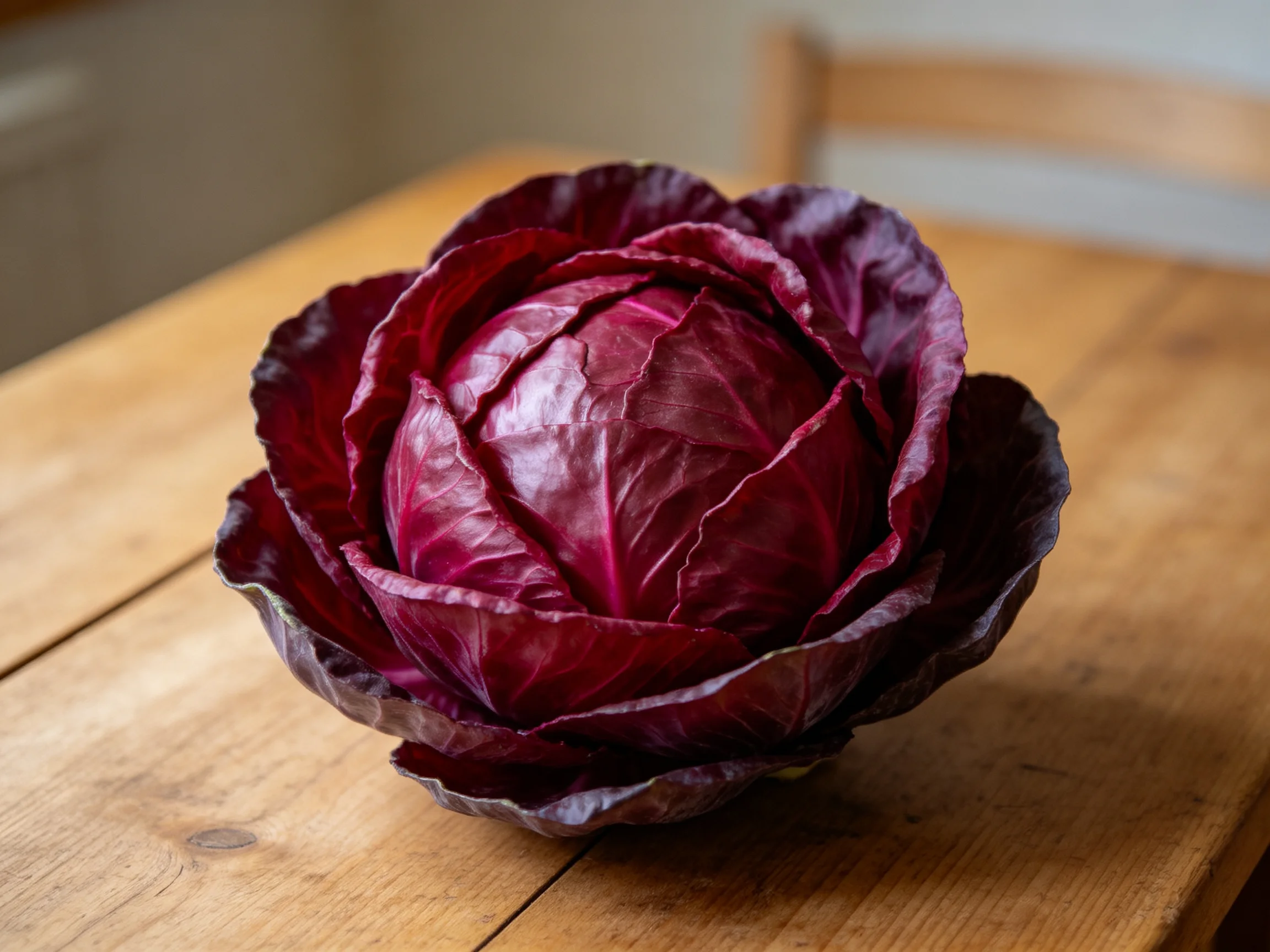 A large red cabbage displayed on a wooden table surface