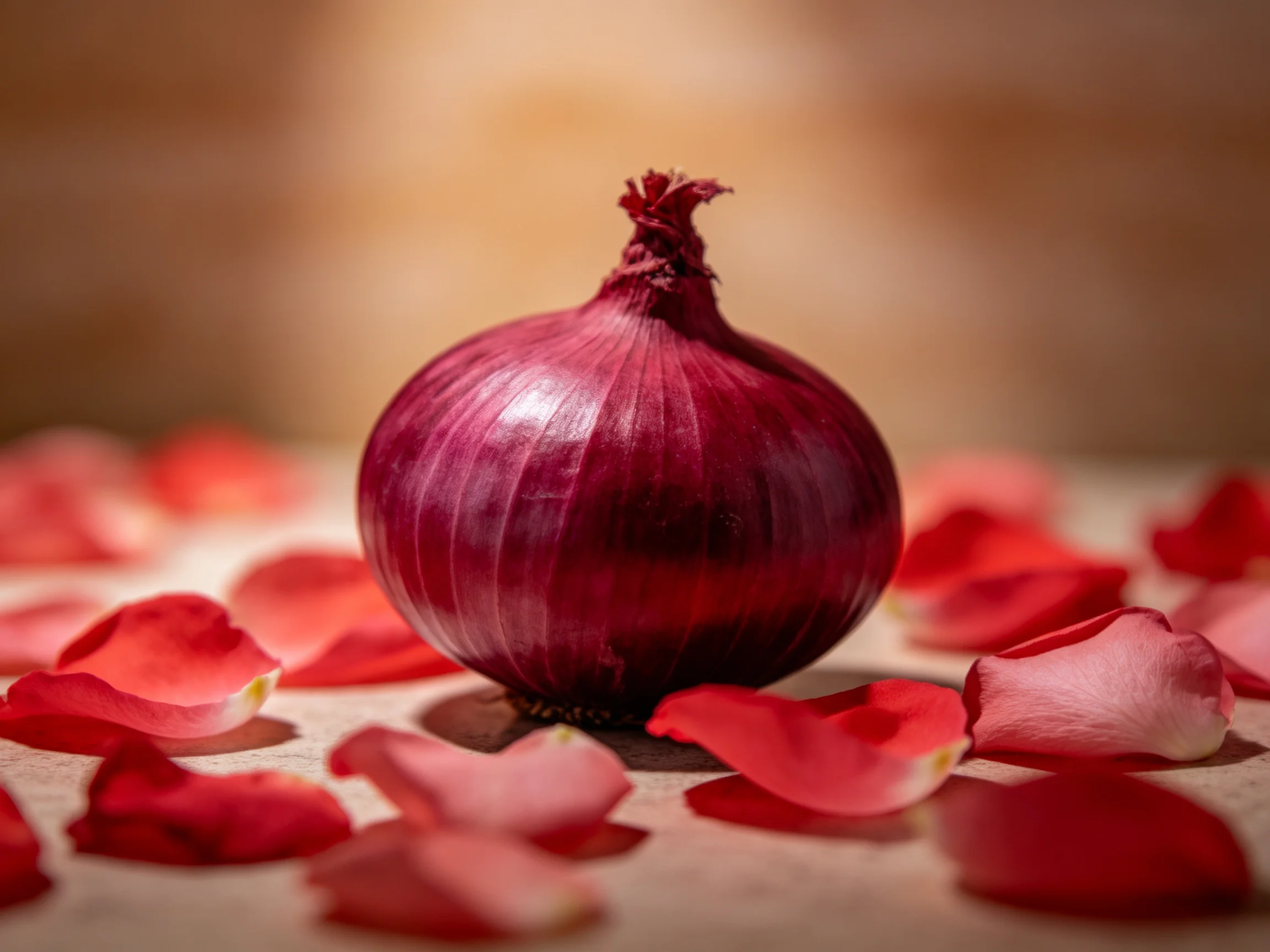 A large red-purple onion surrounded by scattered rose petals