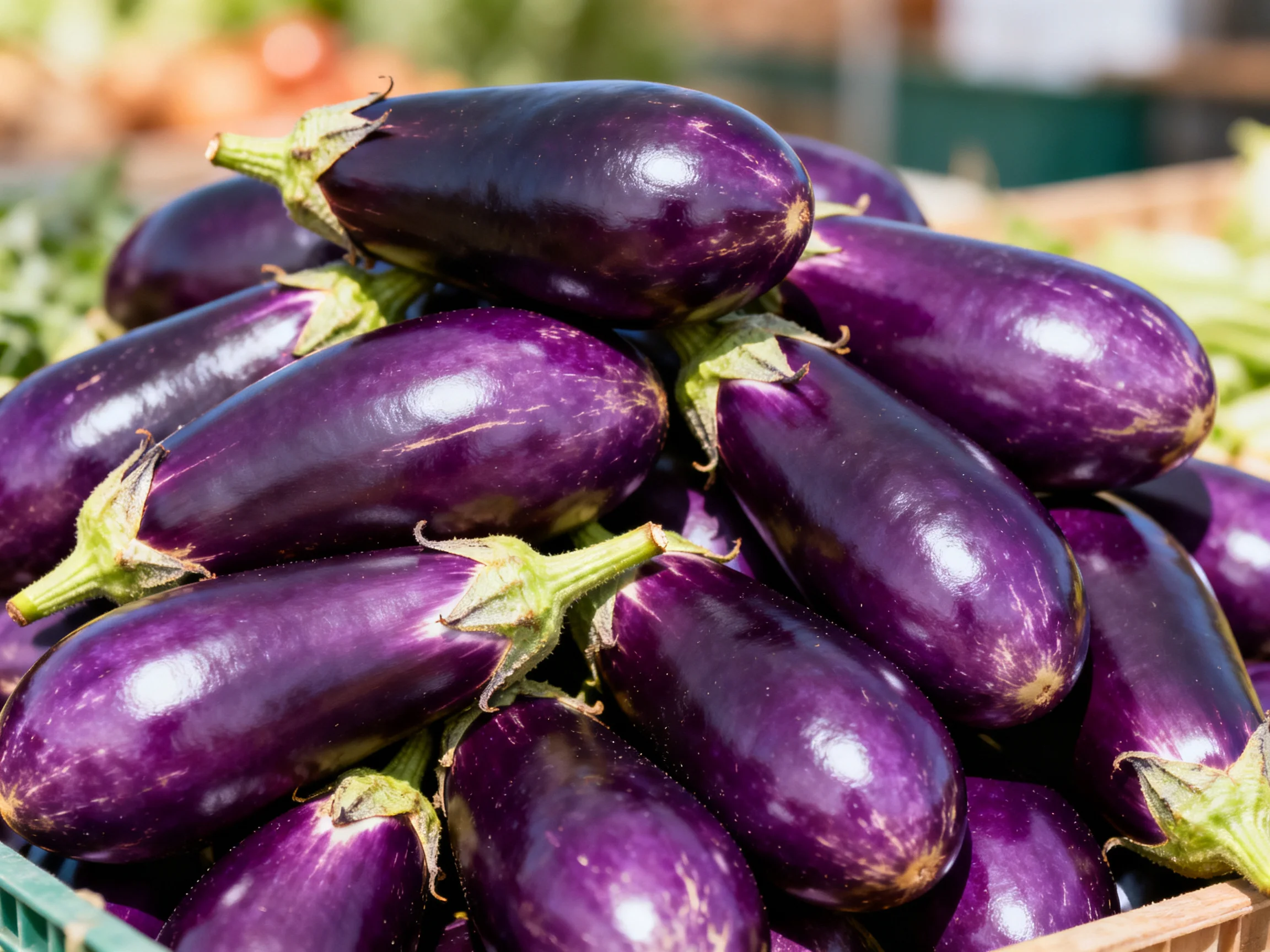 A large stack of glossy deep purple eggplants piled in a market crate