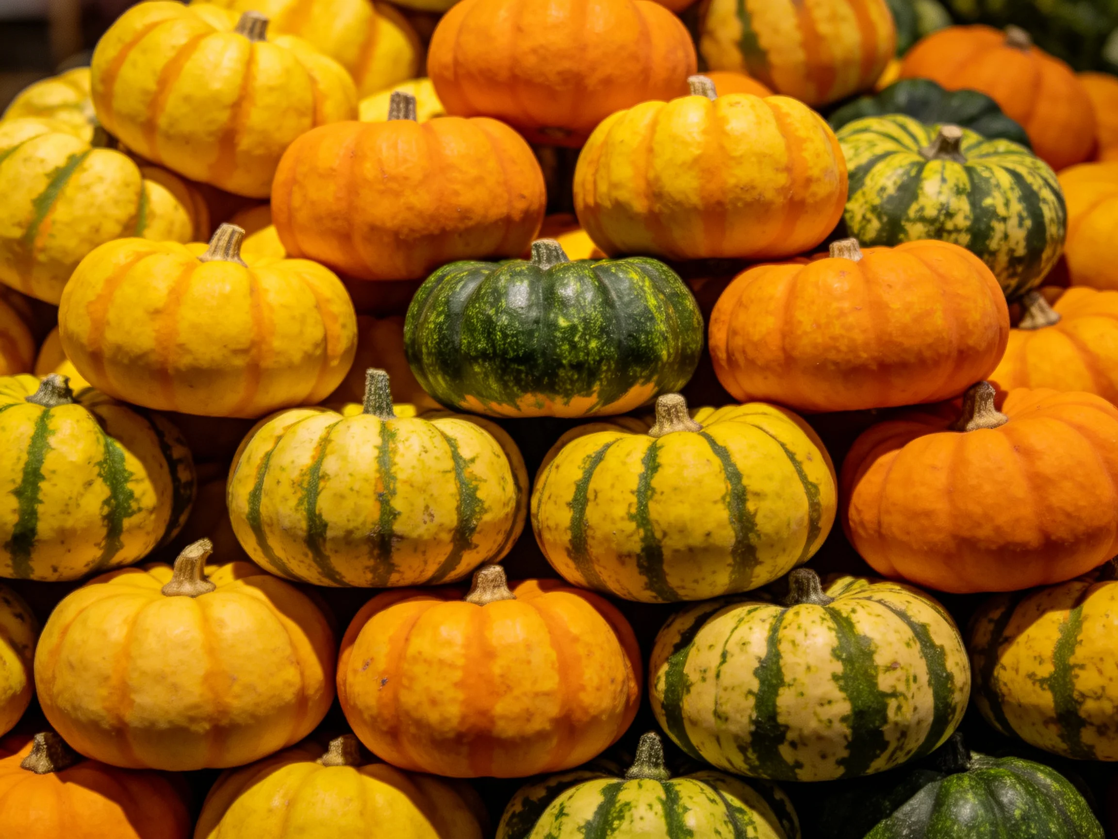 A large stack of multicolored small pumpkins with striped patterns