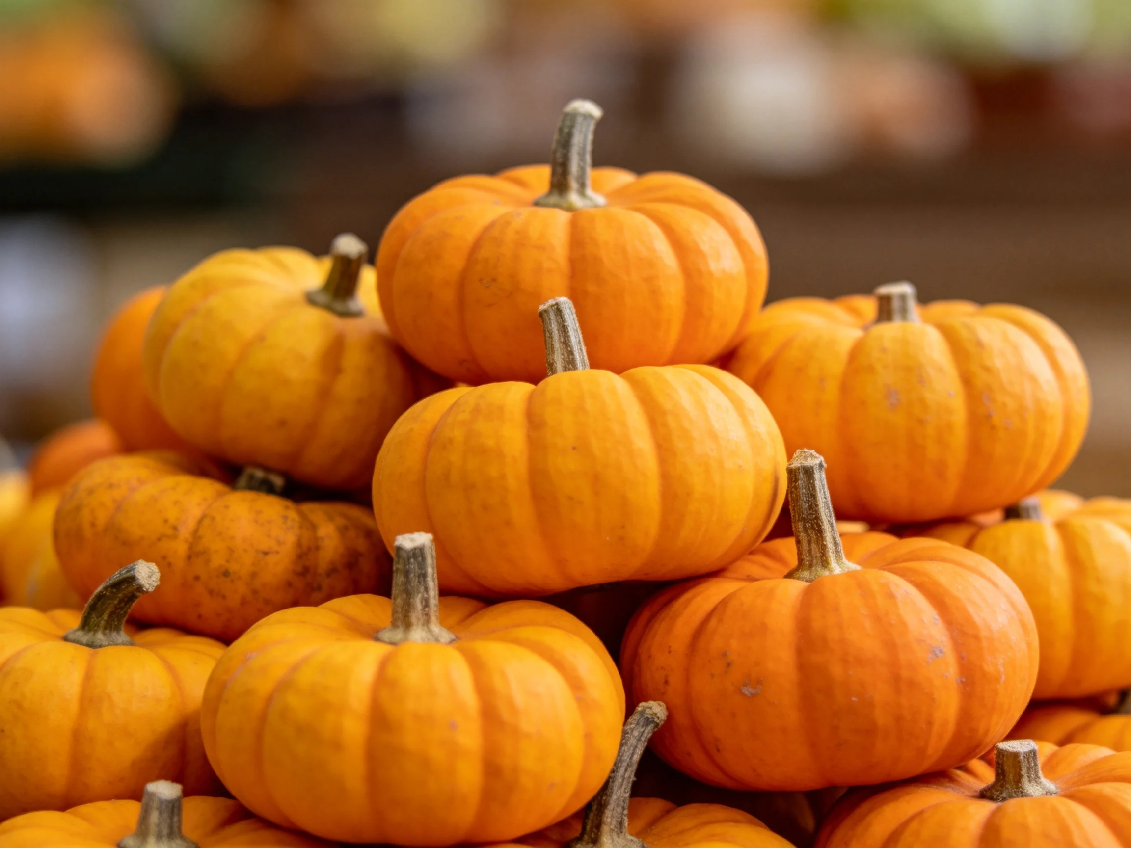 A large stack of small orange pumpkins with brown stems