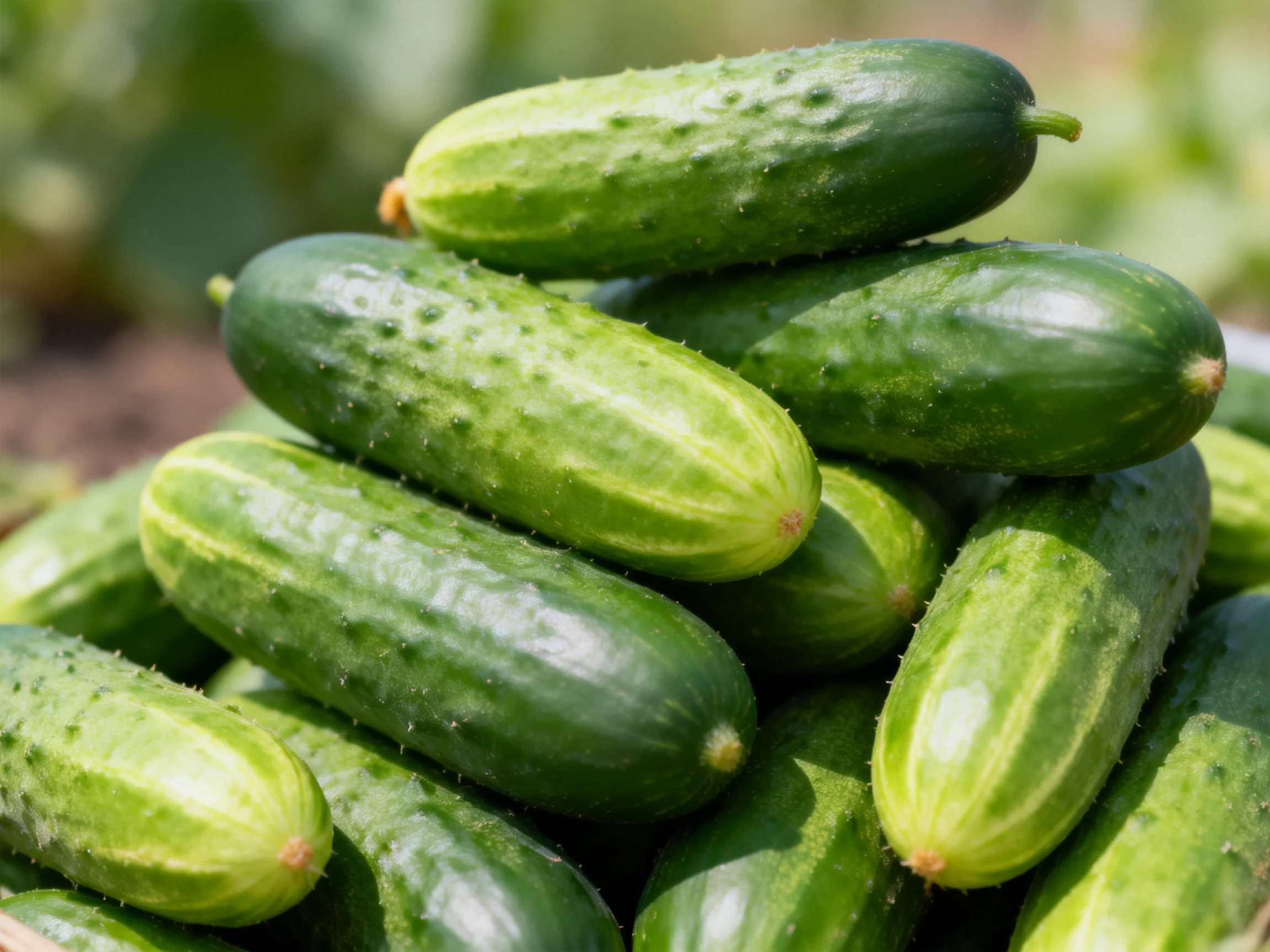 A large stack of vibrant green cucumbers arranged outdoors