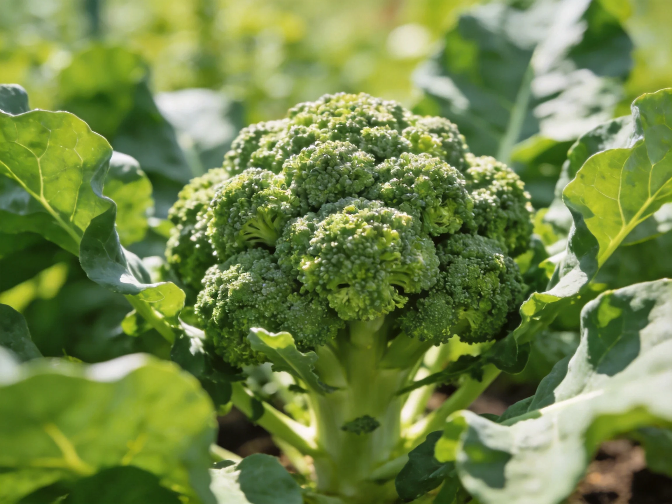 A large, vibrant green broccoli head among lush leafy plants