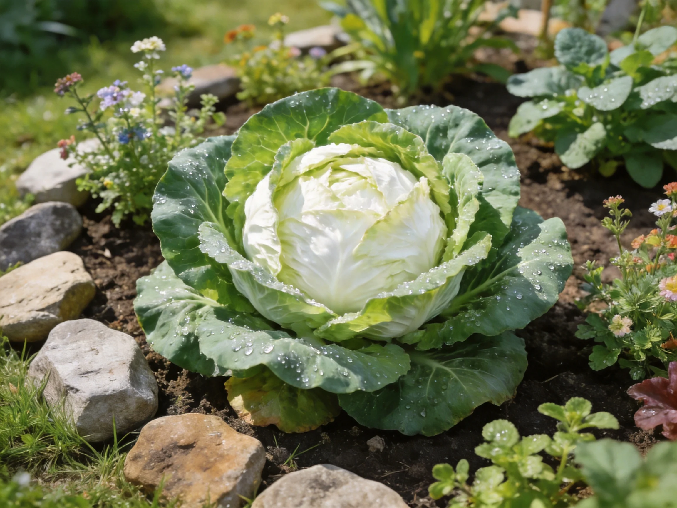 A large white cabbage in a lush garden bed with rocks and flowers