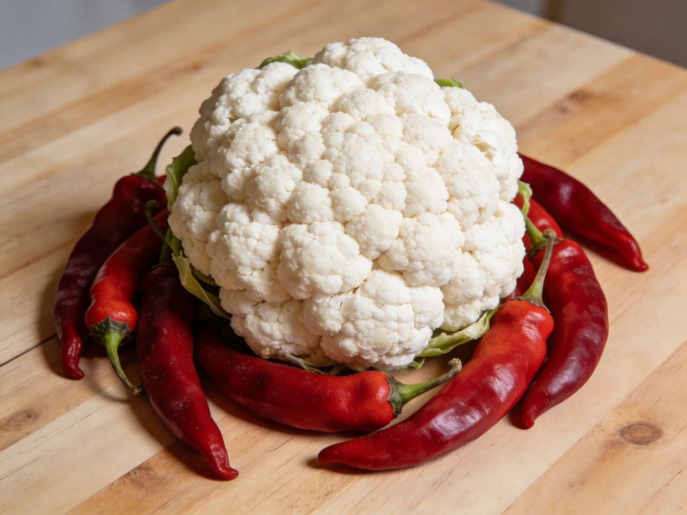 A large white cauliflower surrounded by six red chili peppers on a wooden cutting board