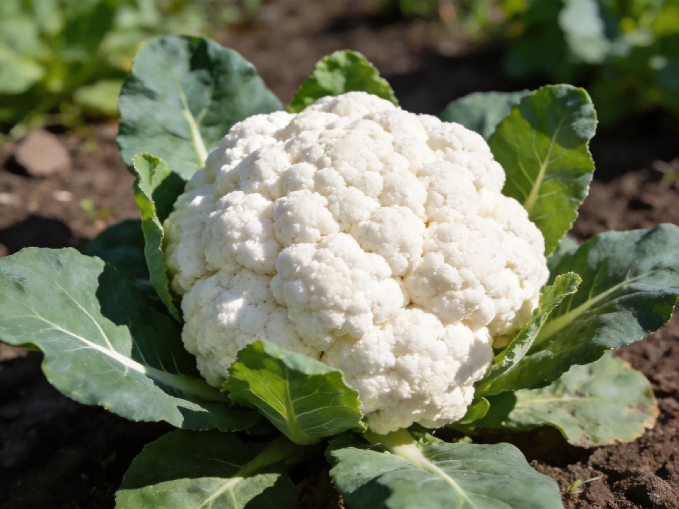 A large white cauliflower with broad green leaves growing in dark soil
