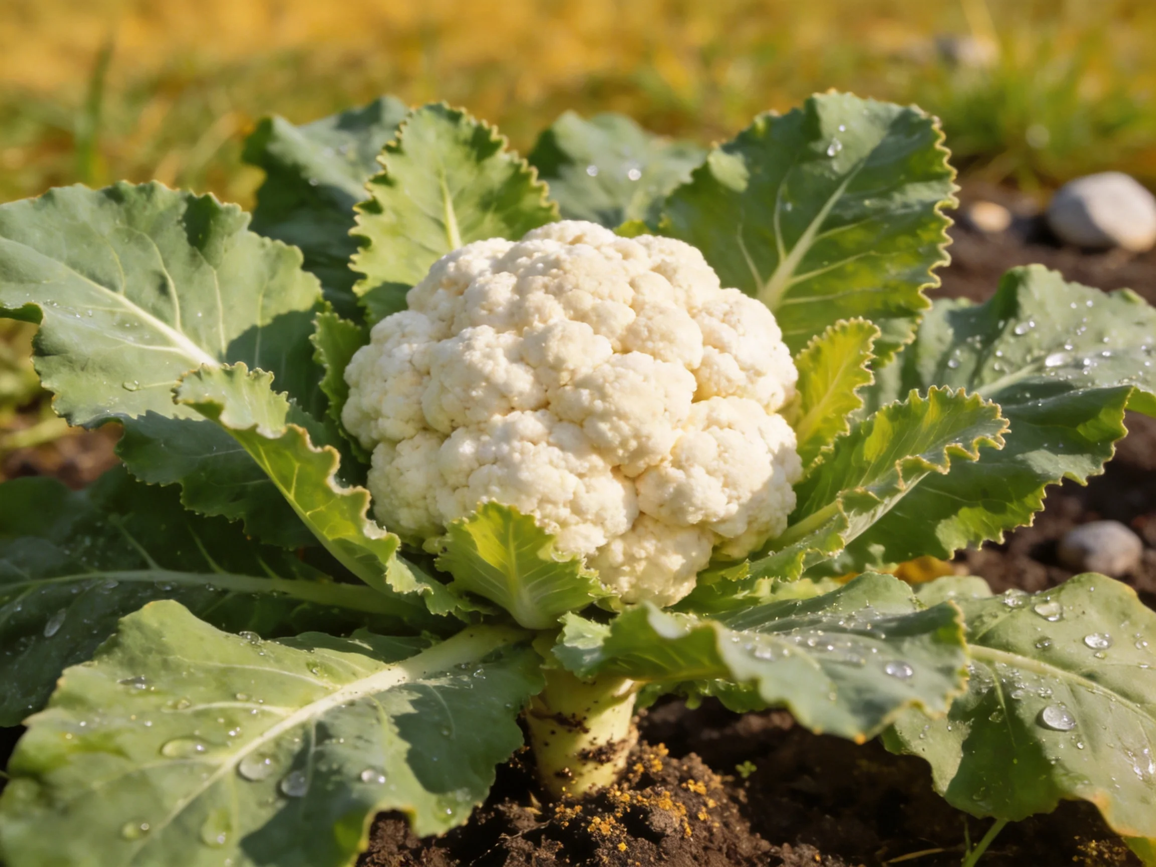 A large white cauliflower with broad green leaves in a sunlit garden
