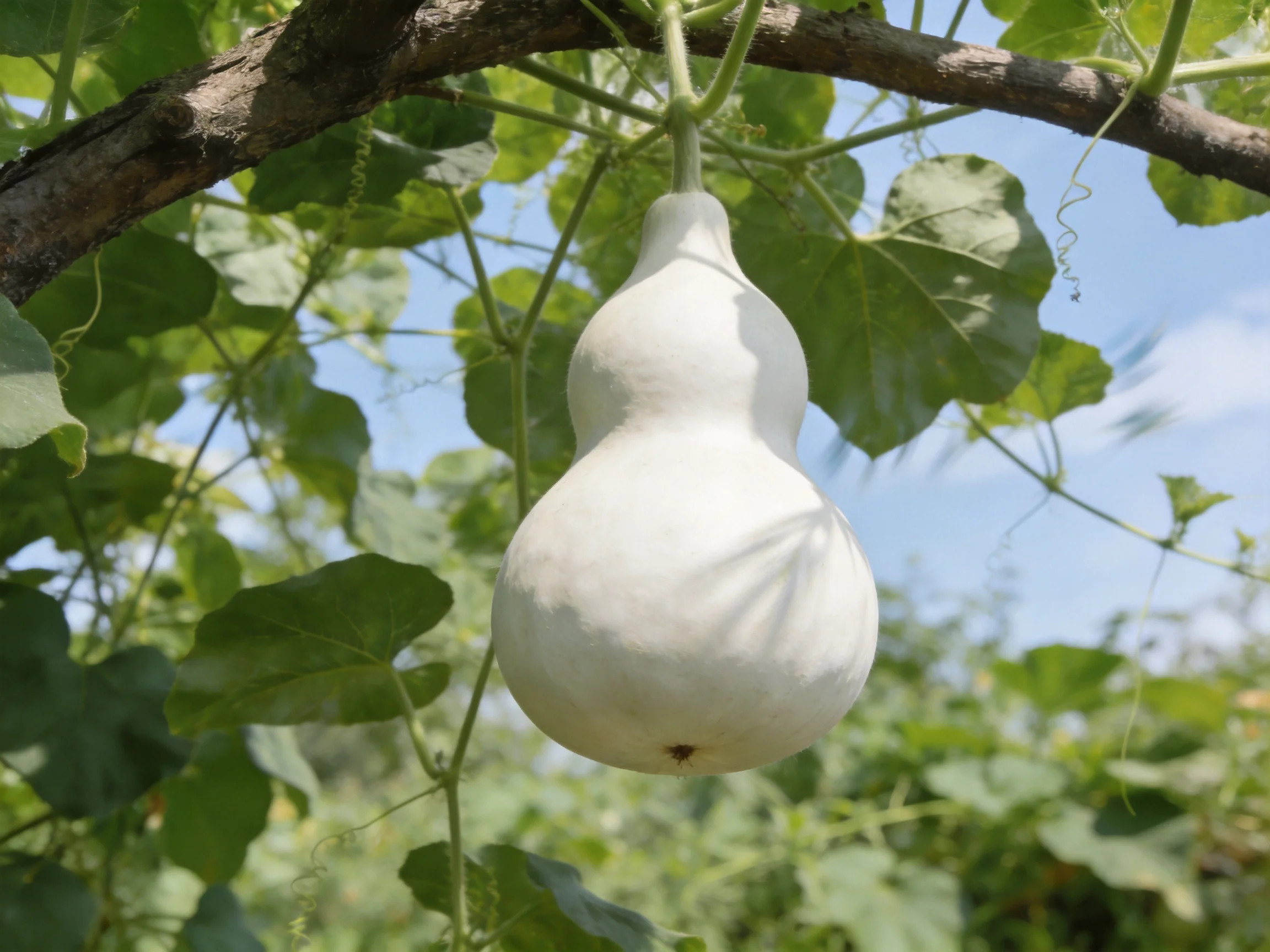 A large white gourd hangs from a vine among lush green foliage