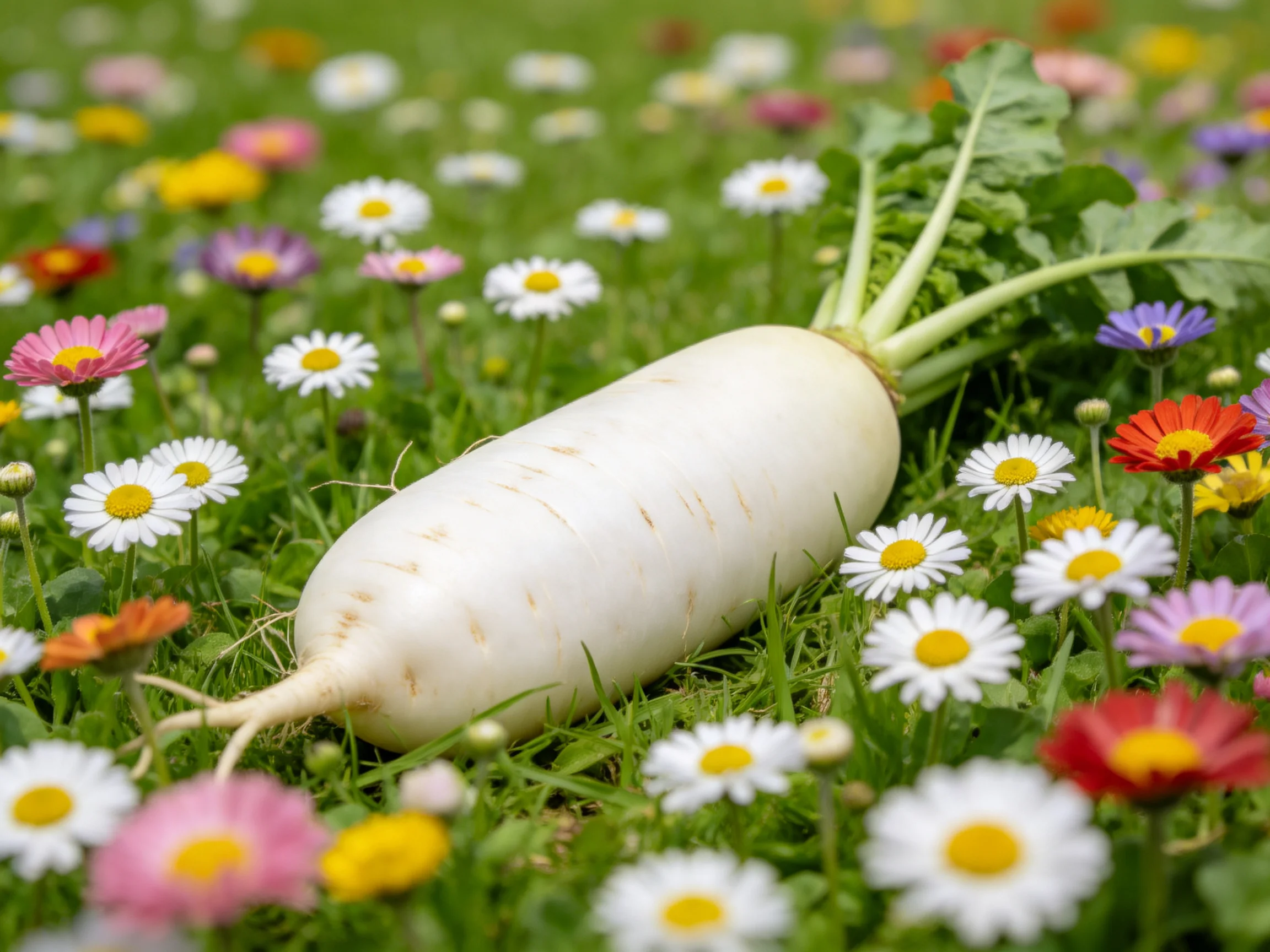 A large white radish surrounded by colorful flowers in a grassy meadow