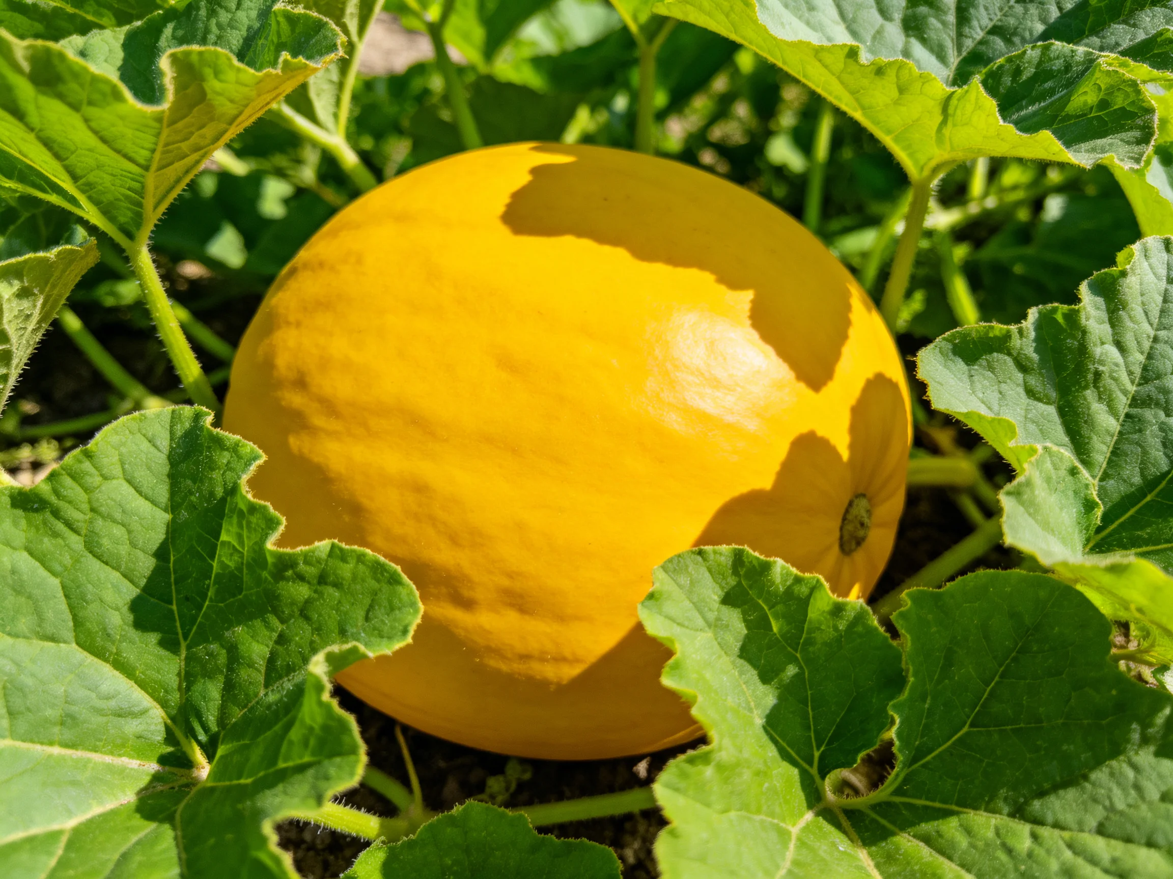 A large yellow melon nestled among lush green foliage
