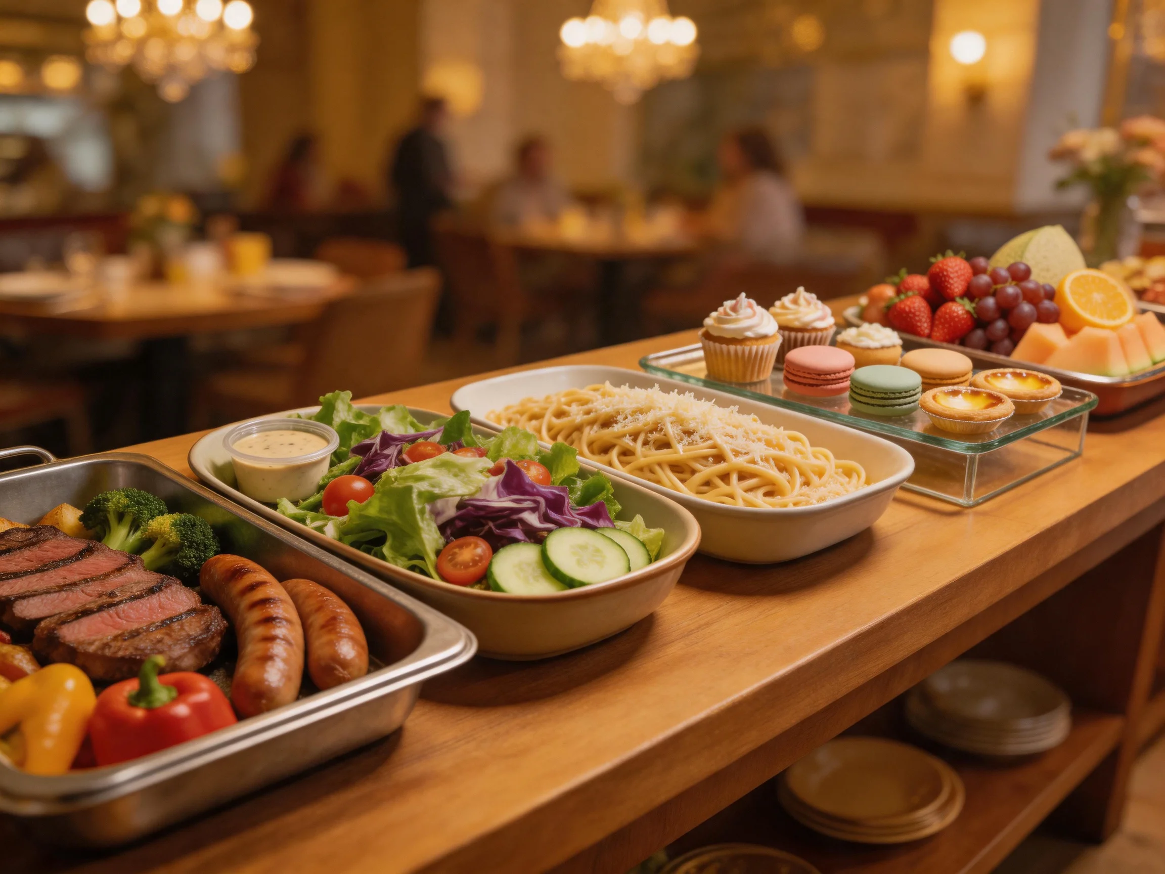 A lavish buffet spread with meats, salads, pasta, and sweets on a wooden counter