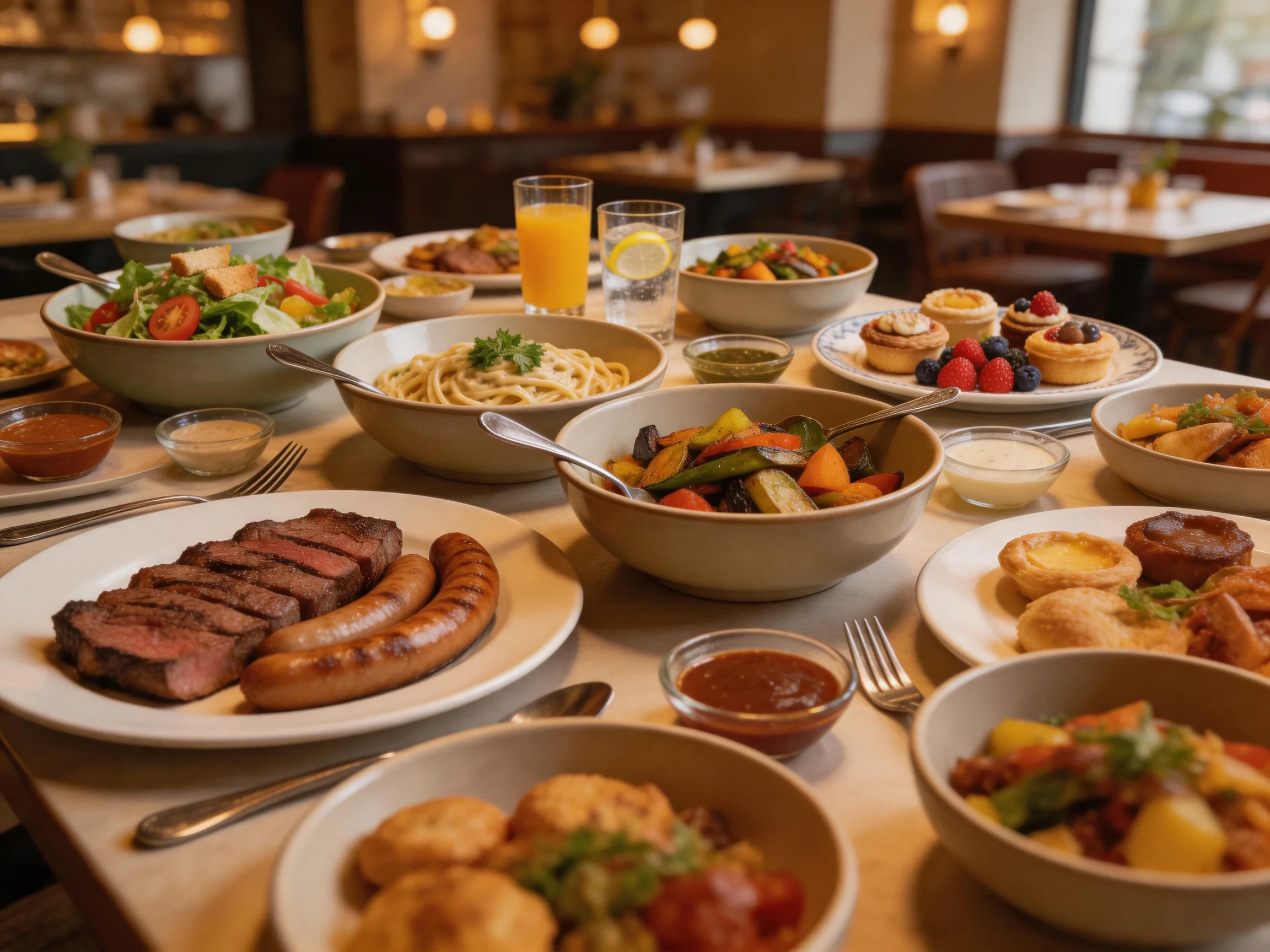 A lavish spread of assorted dishes from steaks to pastries and salads