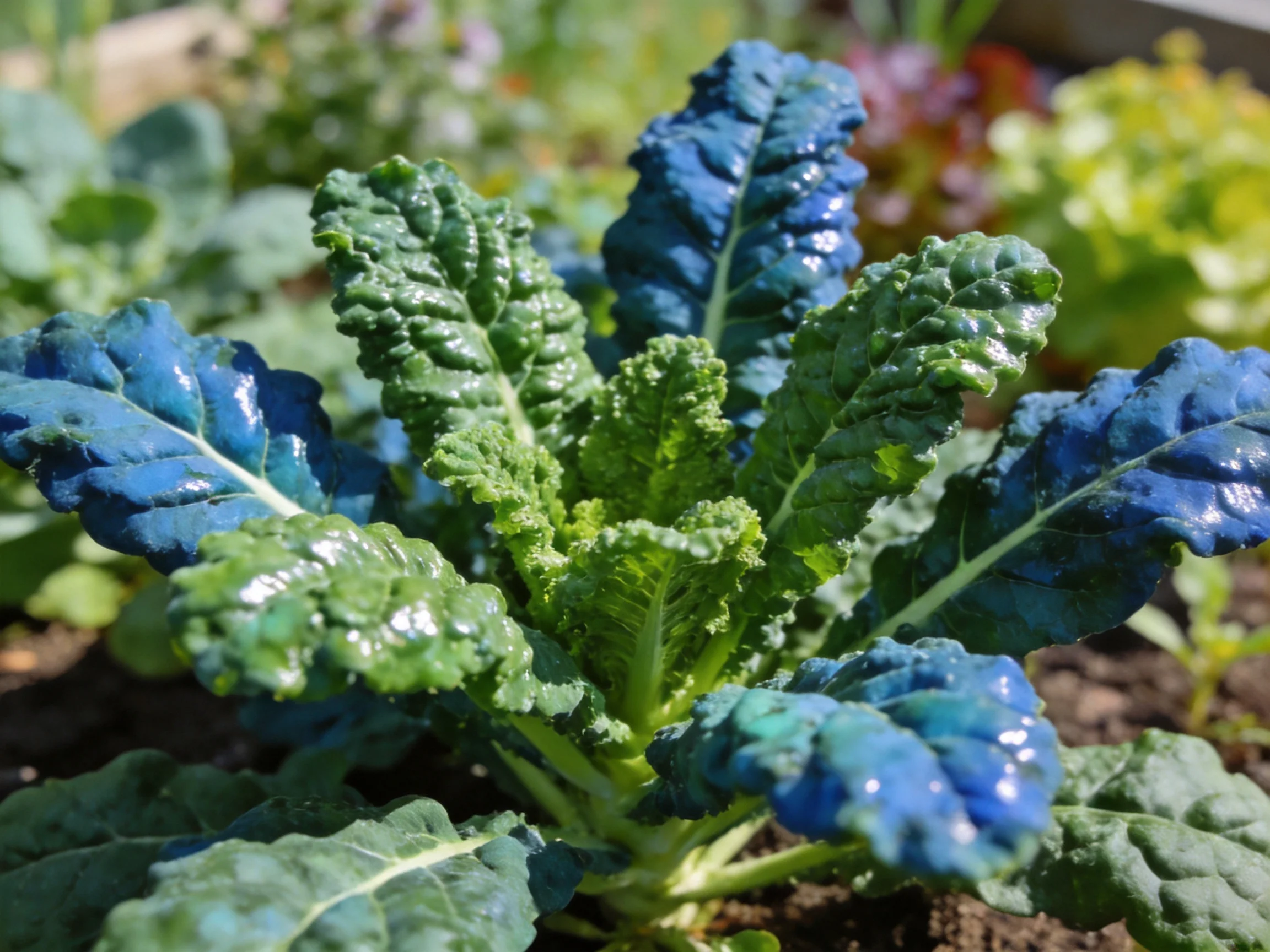 A leafy plant with blue and green textured leaves in a garden