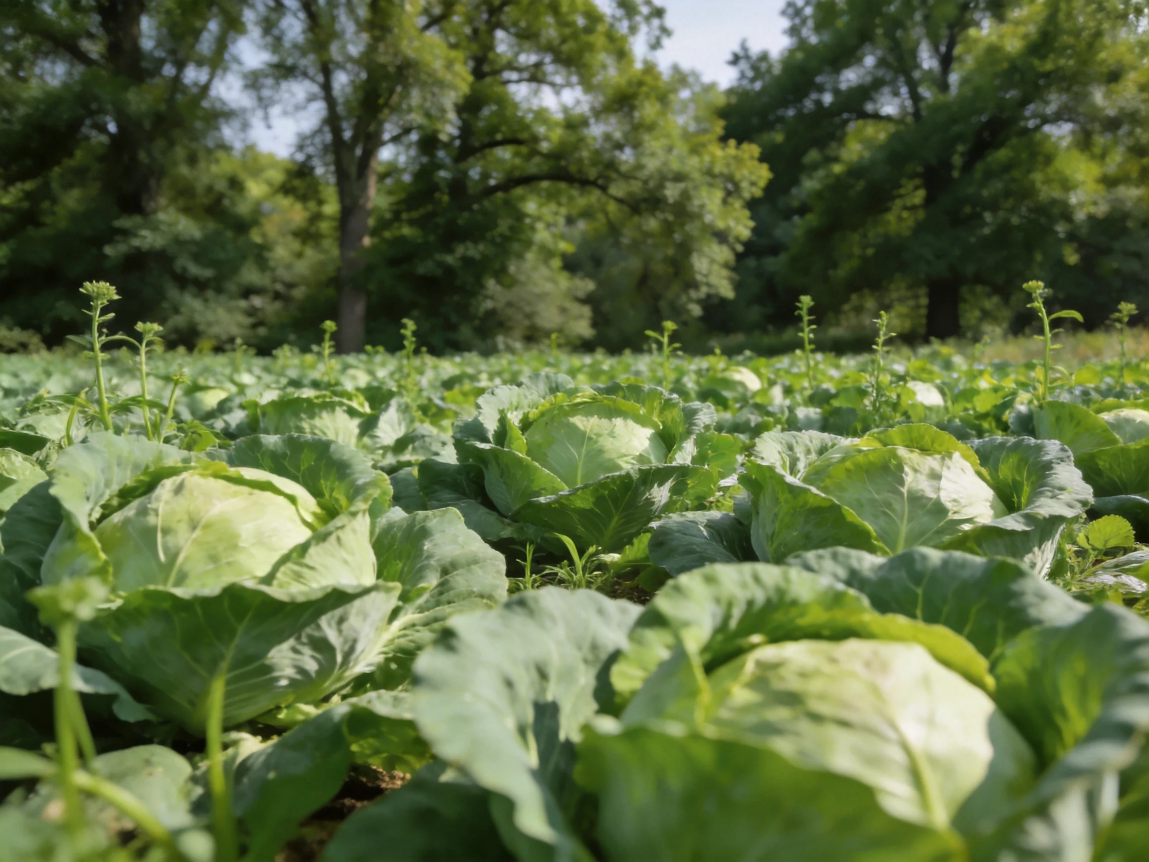 A lush cabbage field with dense green vegetation and forest backdrop