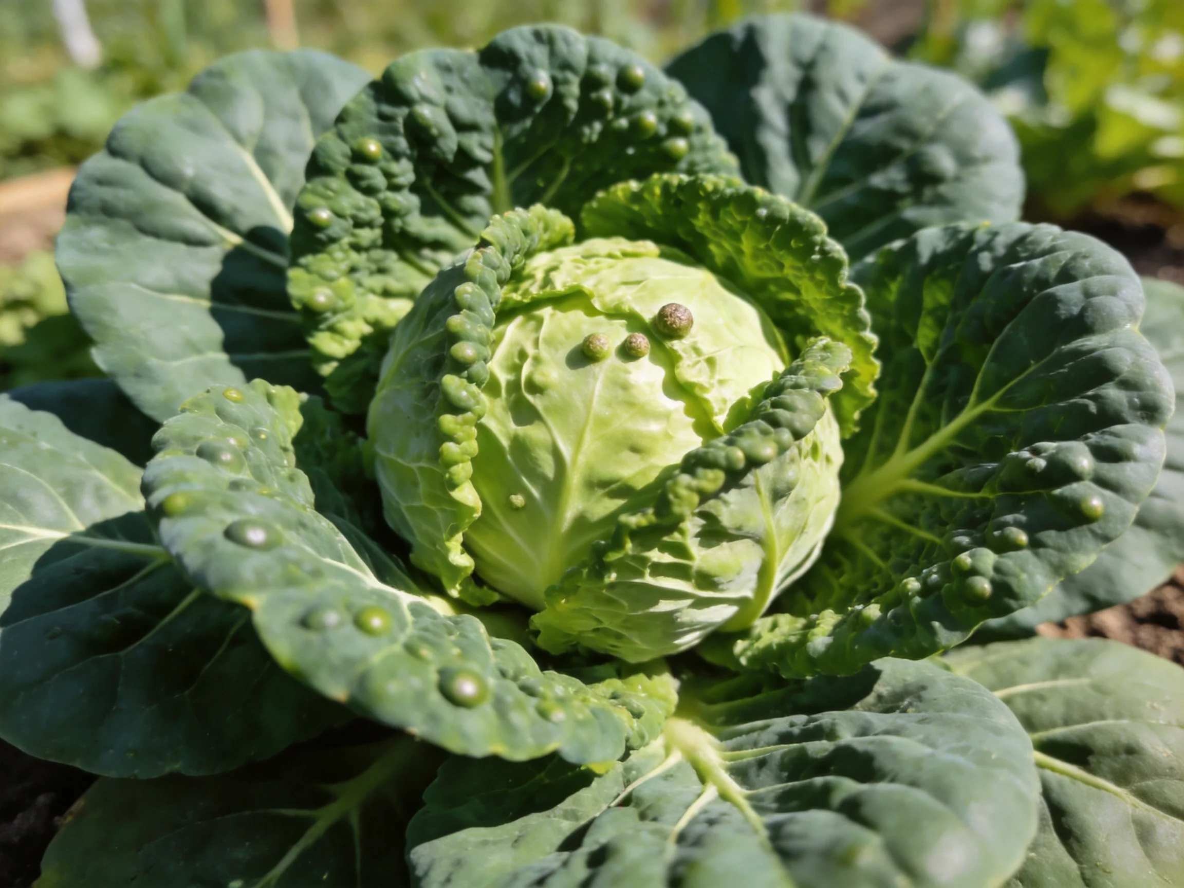 A lush green cabbage with broad textured leaves in a garden