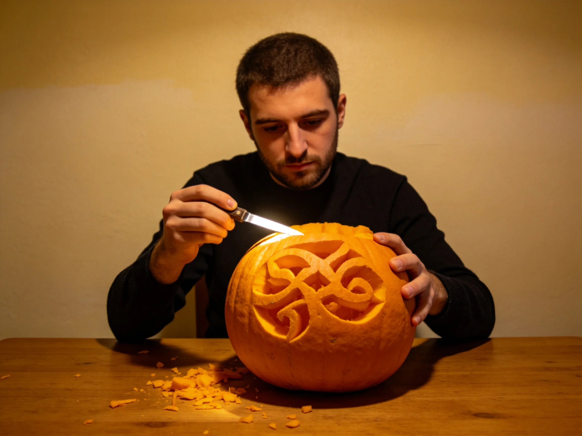 A man carving an intricately patterned orange pumpkin with a sharp knife