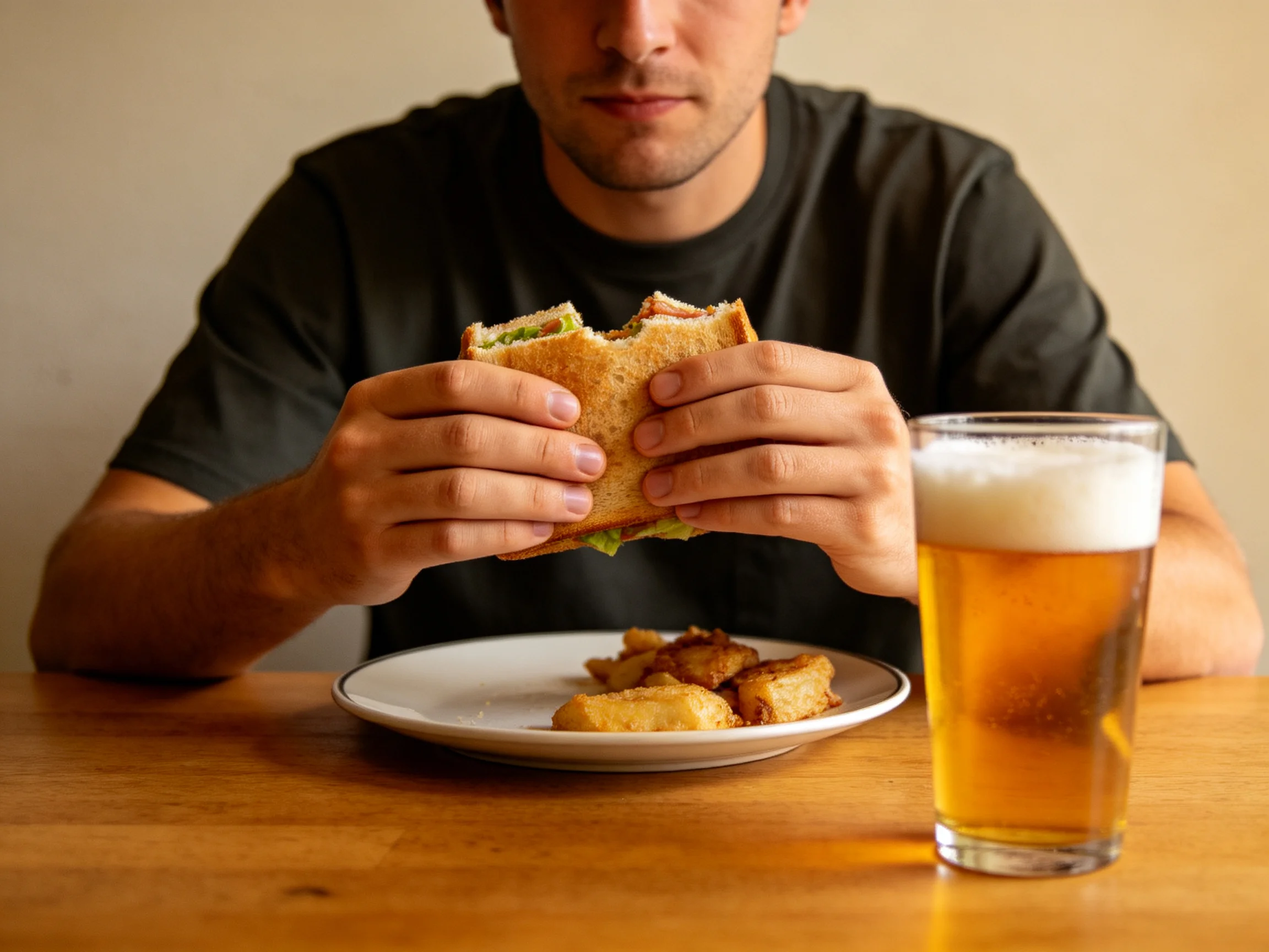 A man eating a toasted sandwich with fried sides and a frothy beer