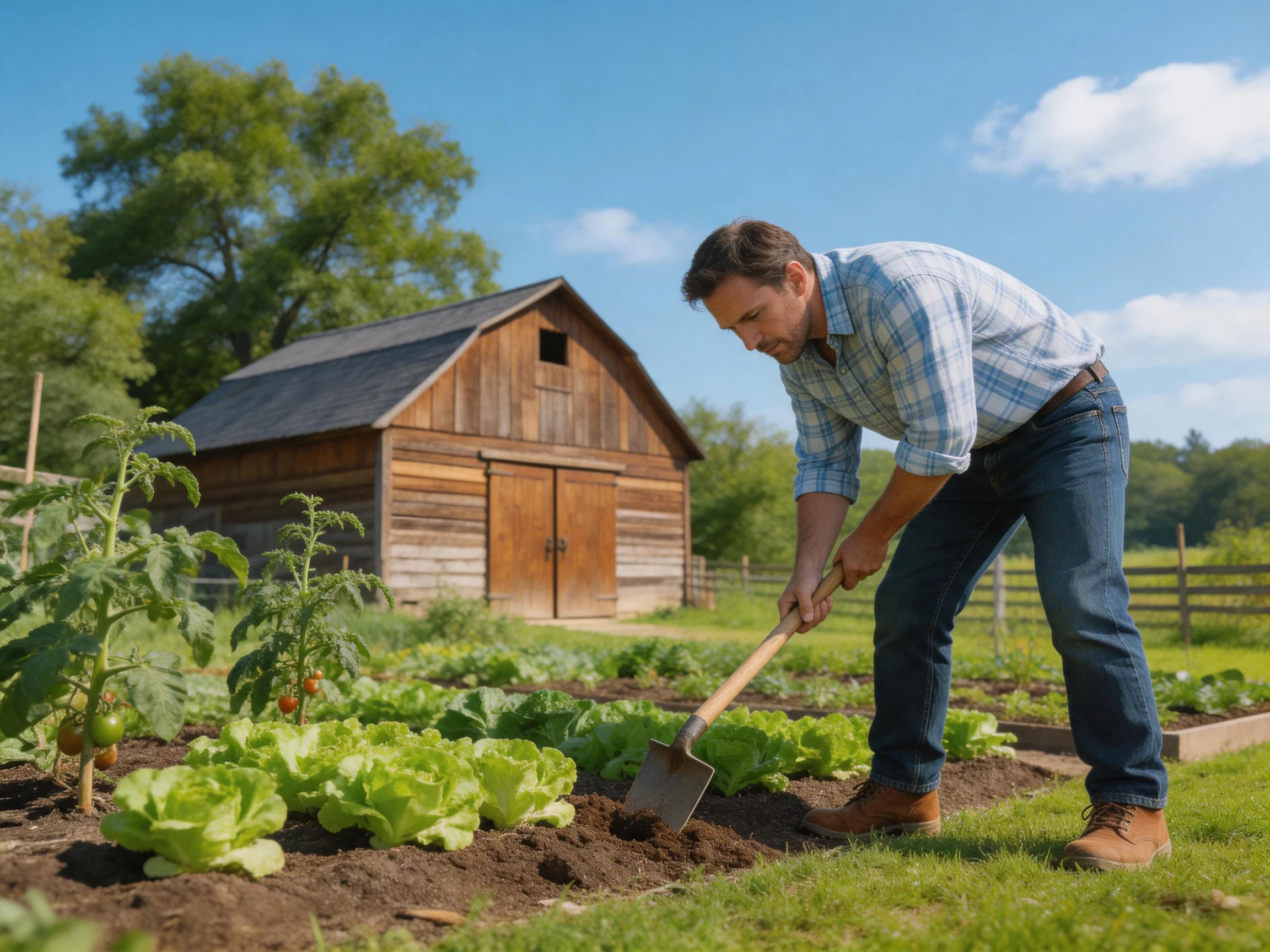 A man gardening with a shovel near a rustic wooden barn