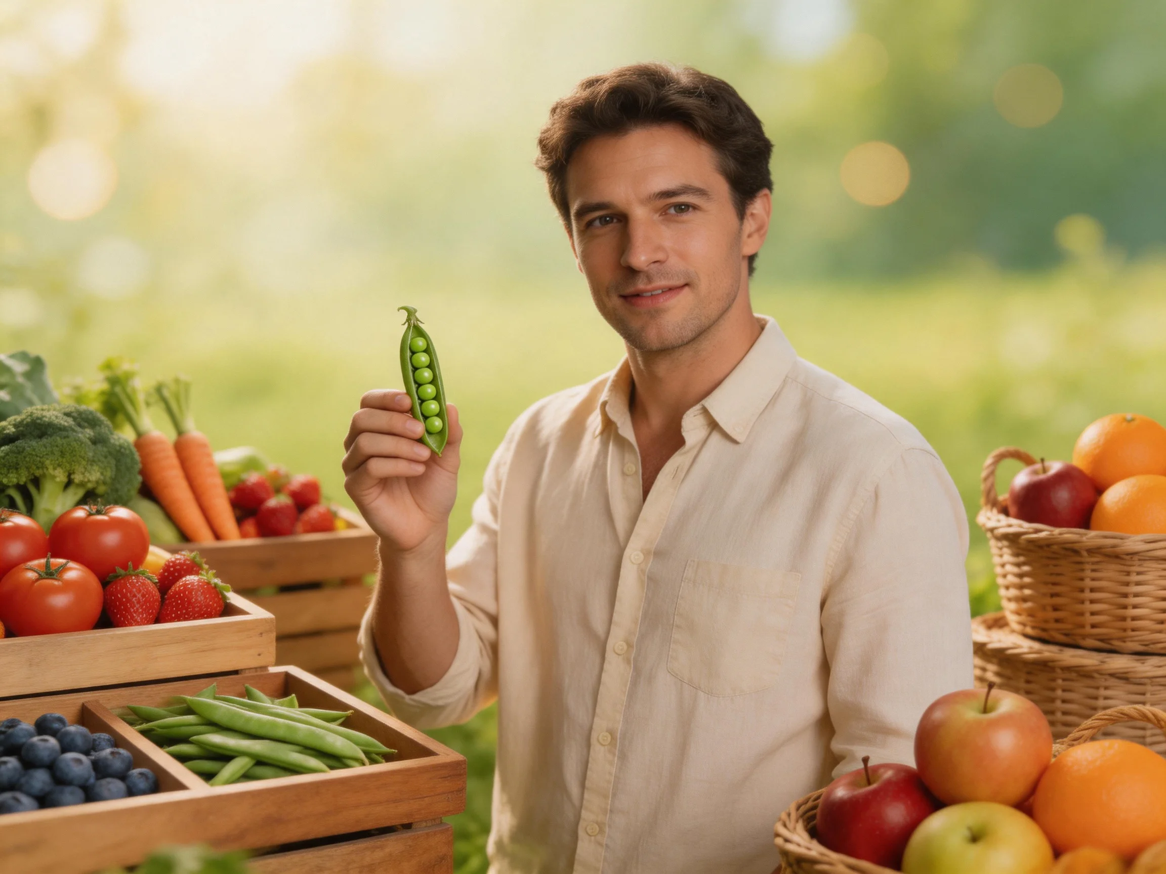 A man holding a green pea pod near vibrant fruit and vegetable displays