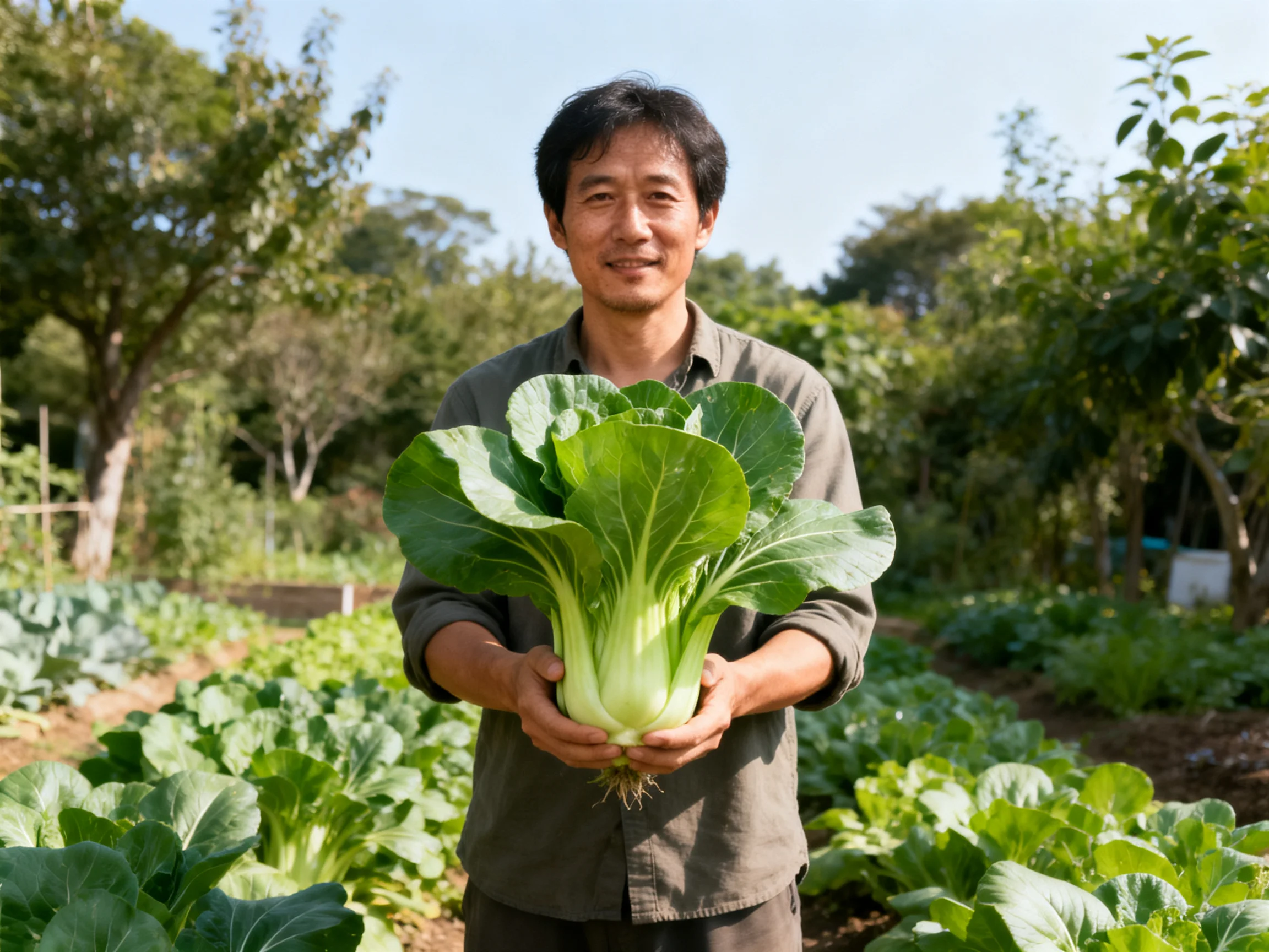 A man holds a large green bok choy in a sunlit vegetable garden