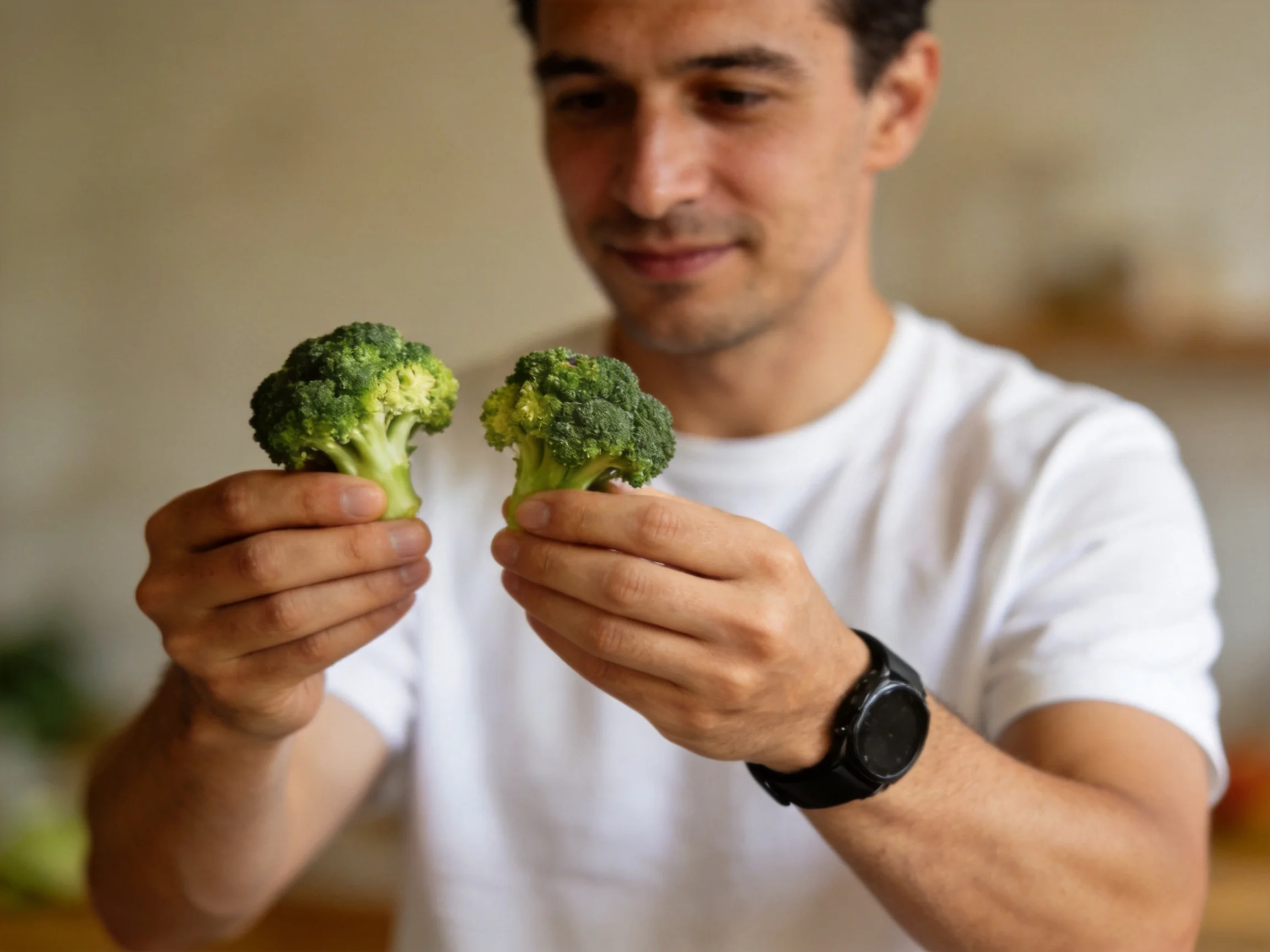 A man holds two fresh green broccoli florets in a well-lit room