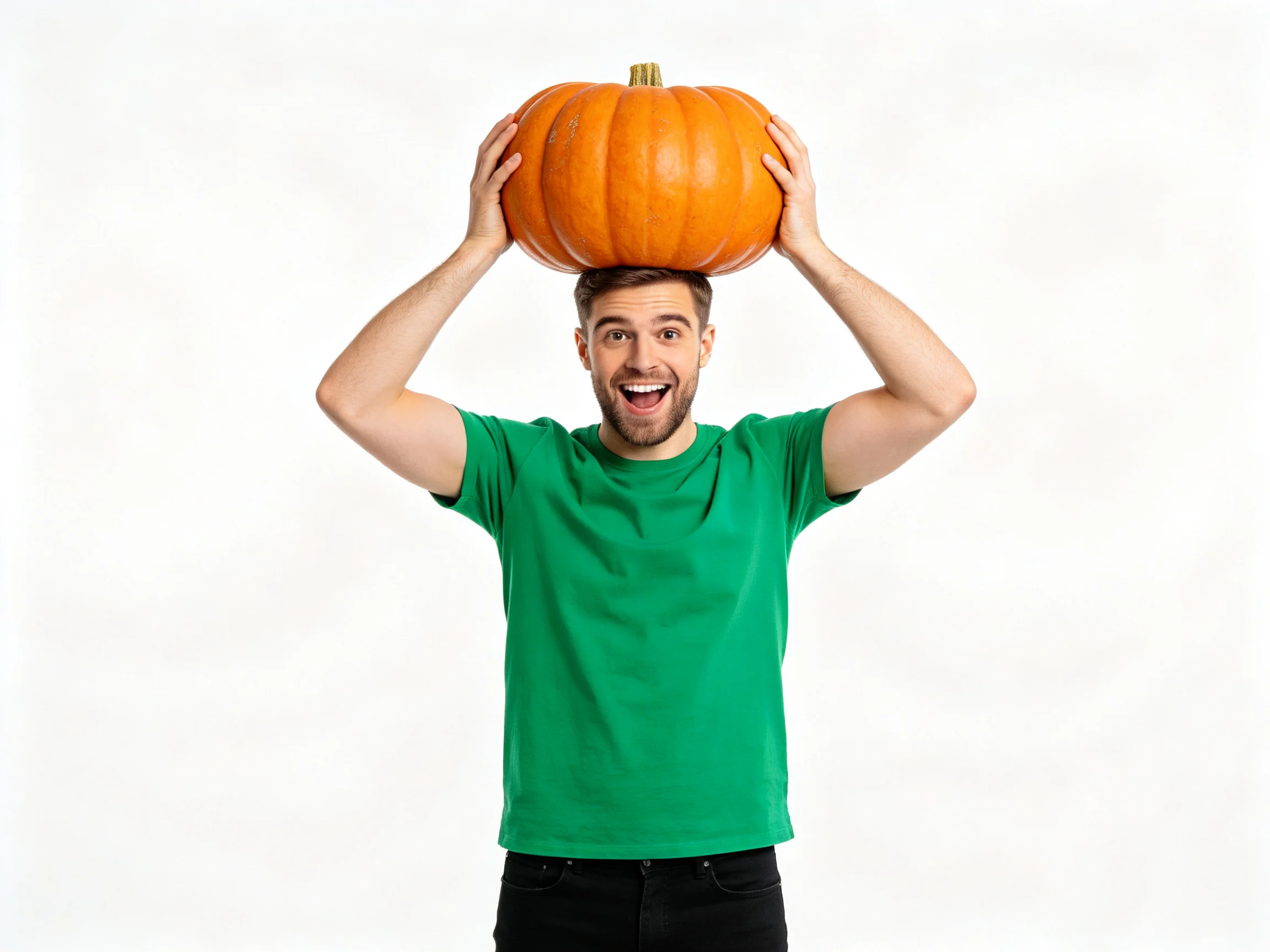 A man in a green t-shirt balancing an orange pumpkin on his head