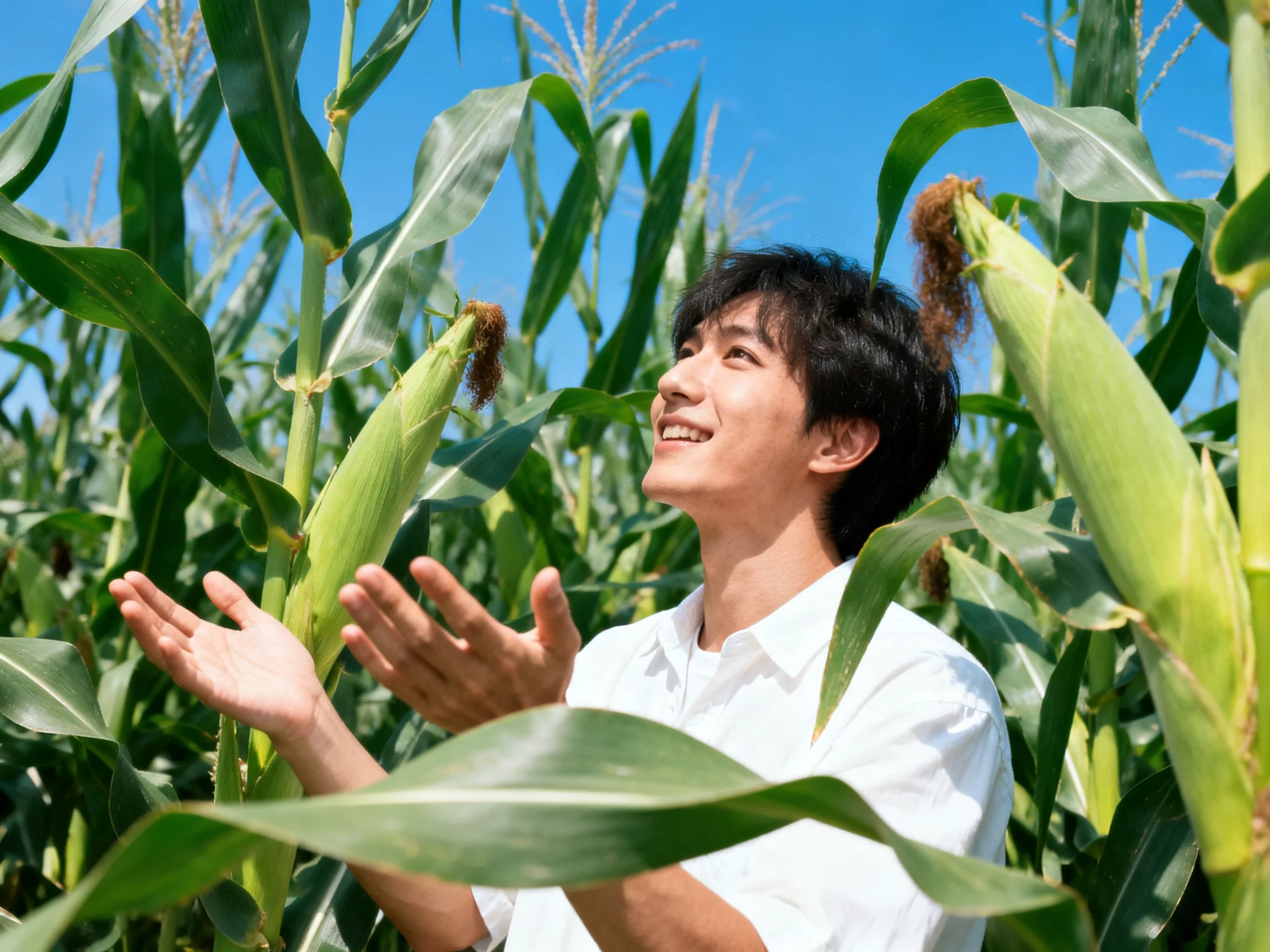 A man in a white shirt examining corn plants in a bright cornfield