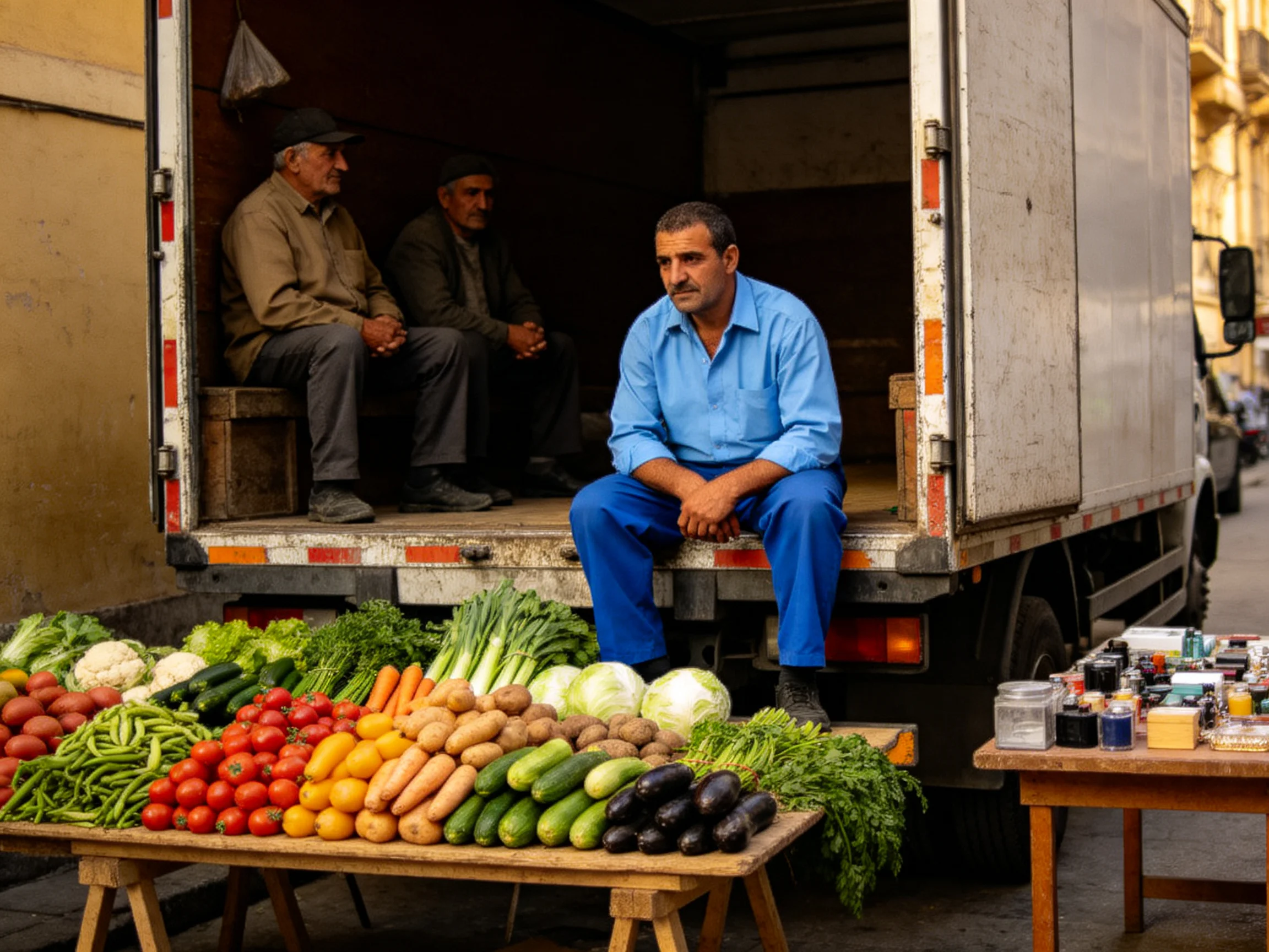 A man in blue sits beside a truck with colorful fresh vegetables