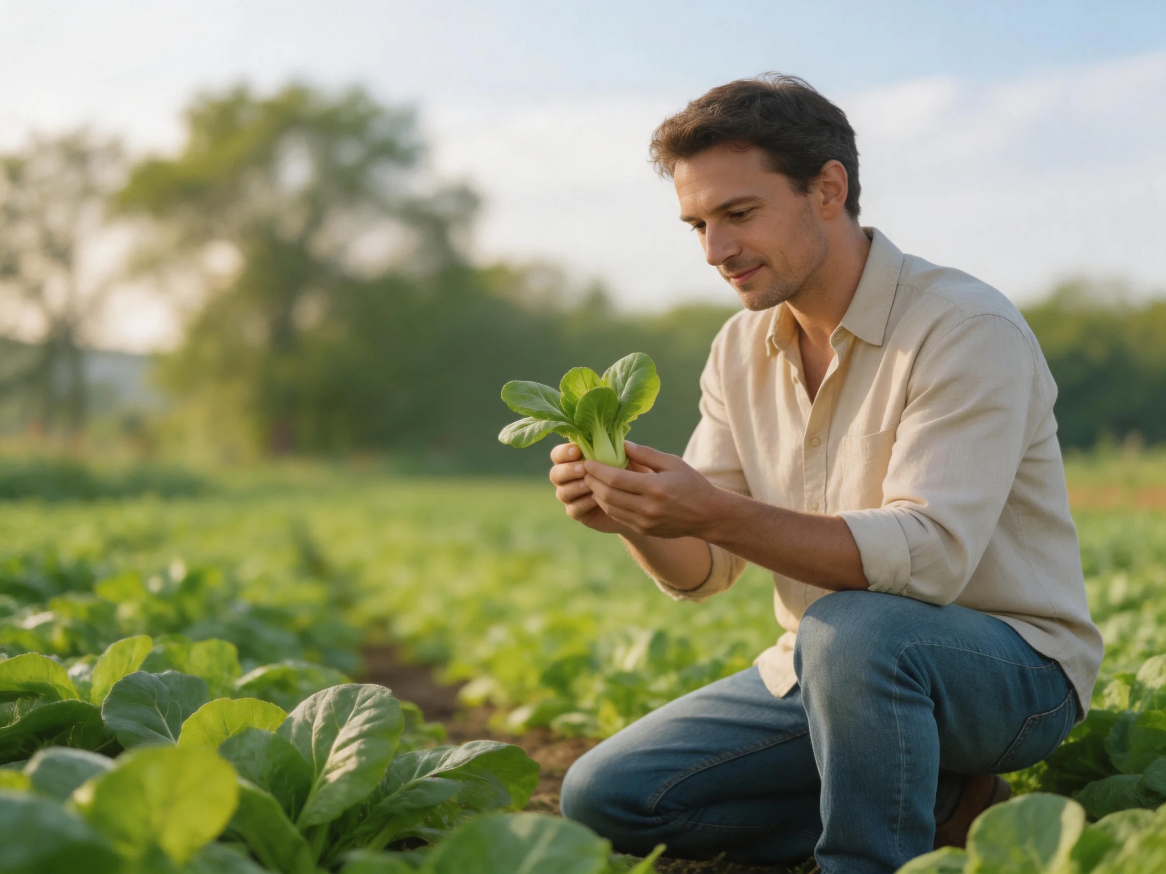 A man inspecting leafy greens in a sunlit farm field