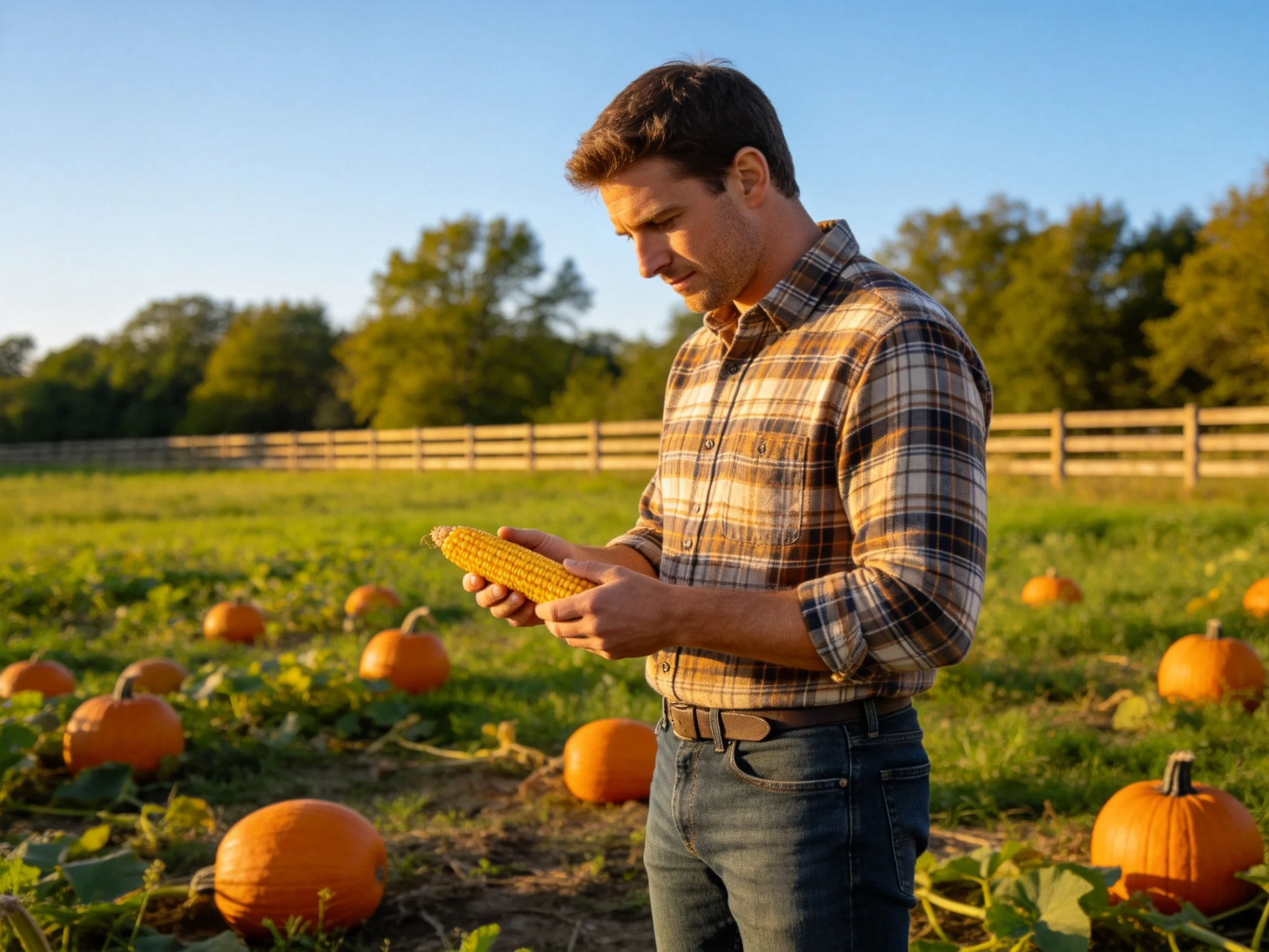 A man inspects corn in a pumpkin-filled farm field during golden hour