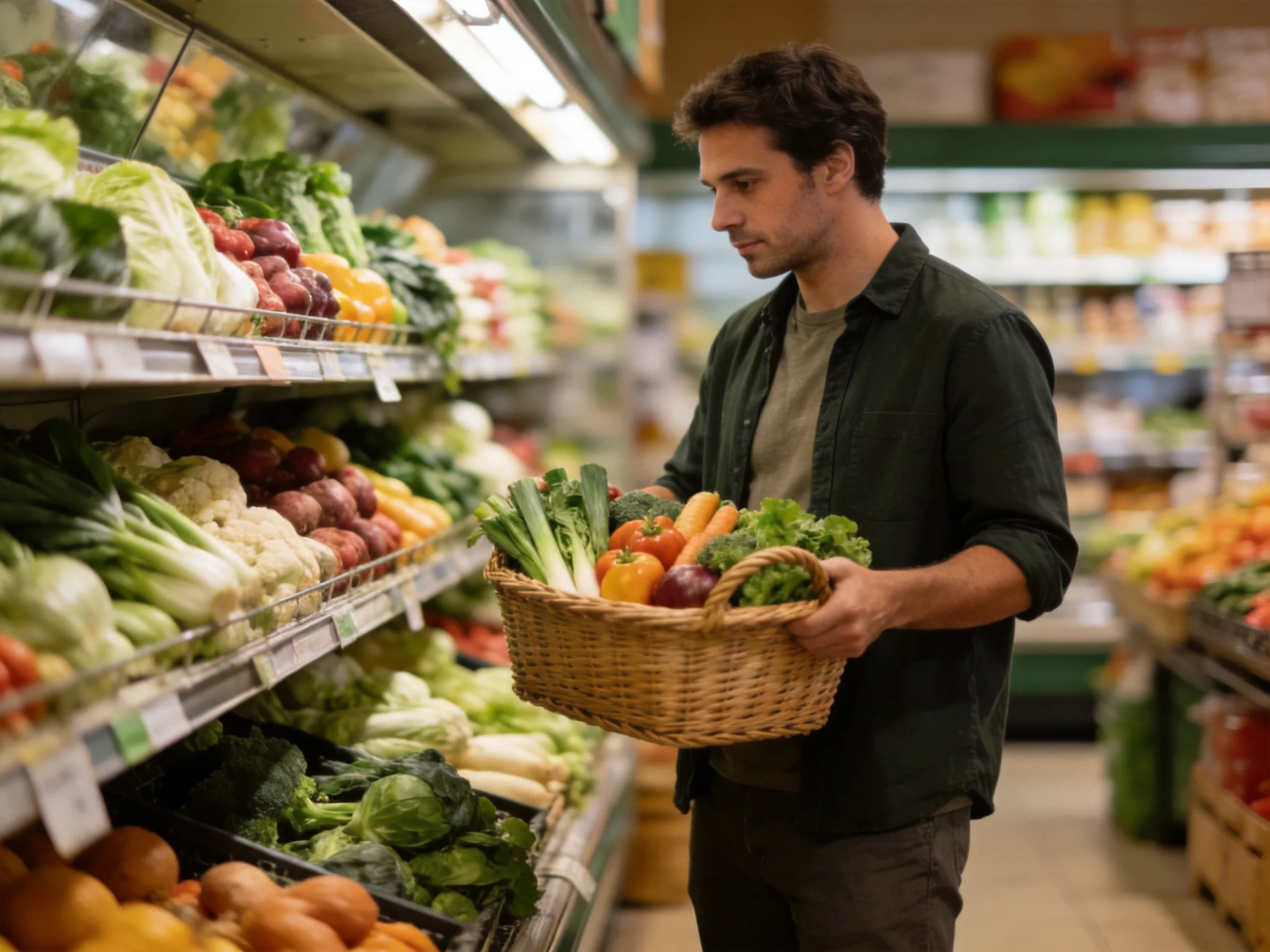 A man selecting fresh vegetables in a well-lit grocery store