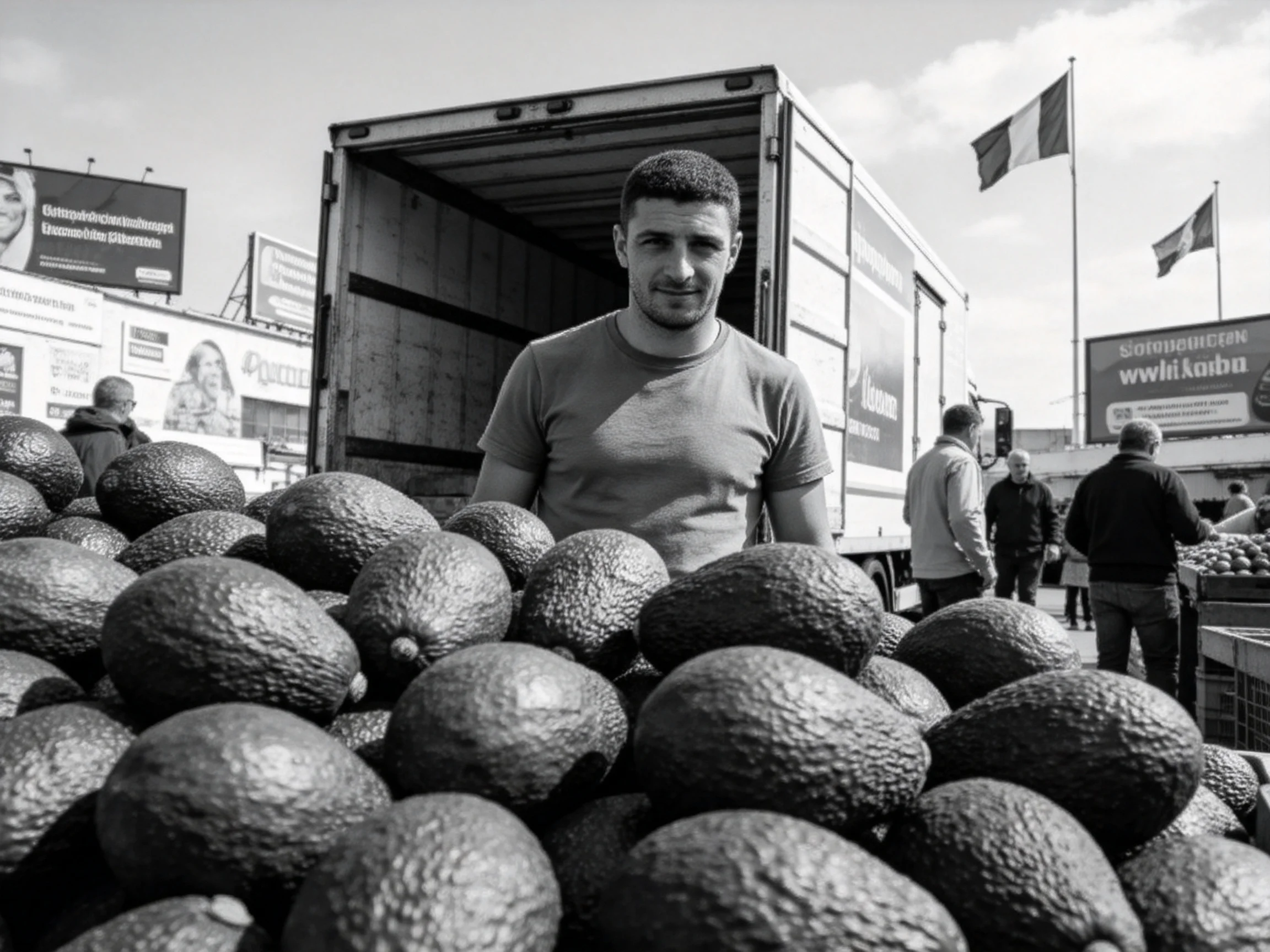 A man standing beside truck loaded with large round produce near market stalls