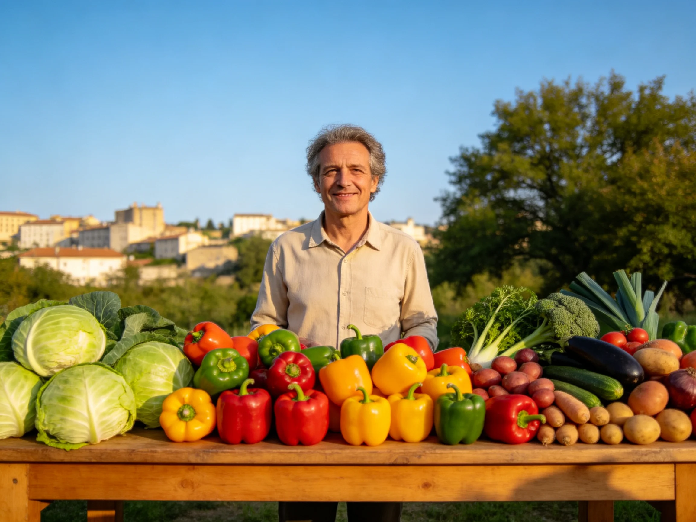 A man stands behind a table overflowing with colorful fresh vegetables near a town