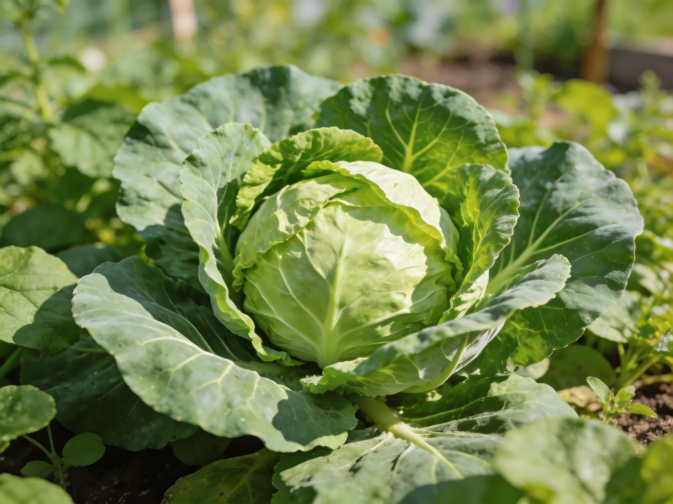 A mature green cabbage surrounded by lush vegetation in a sunlit garden