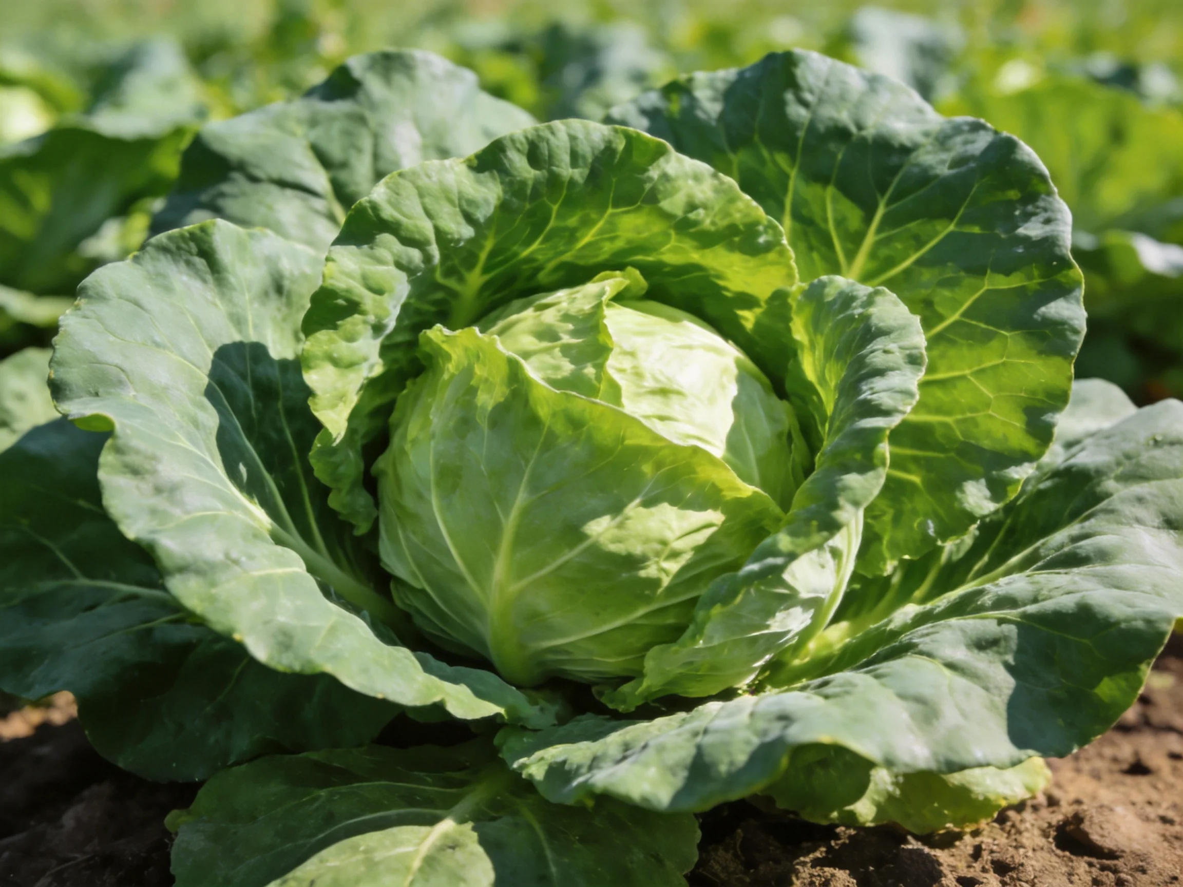 A mature green cabbage with broad leaves growing in a sunlit field