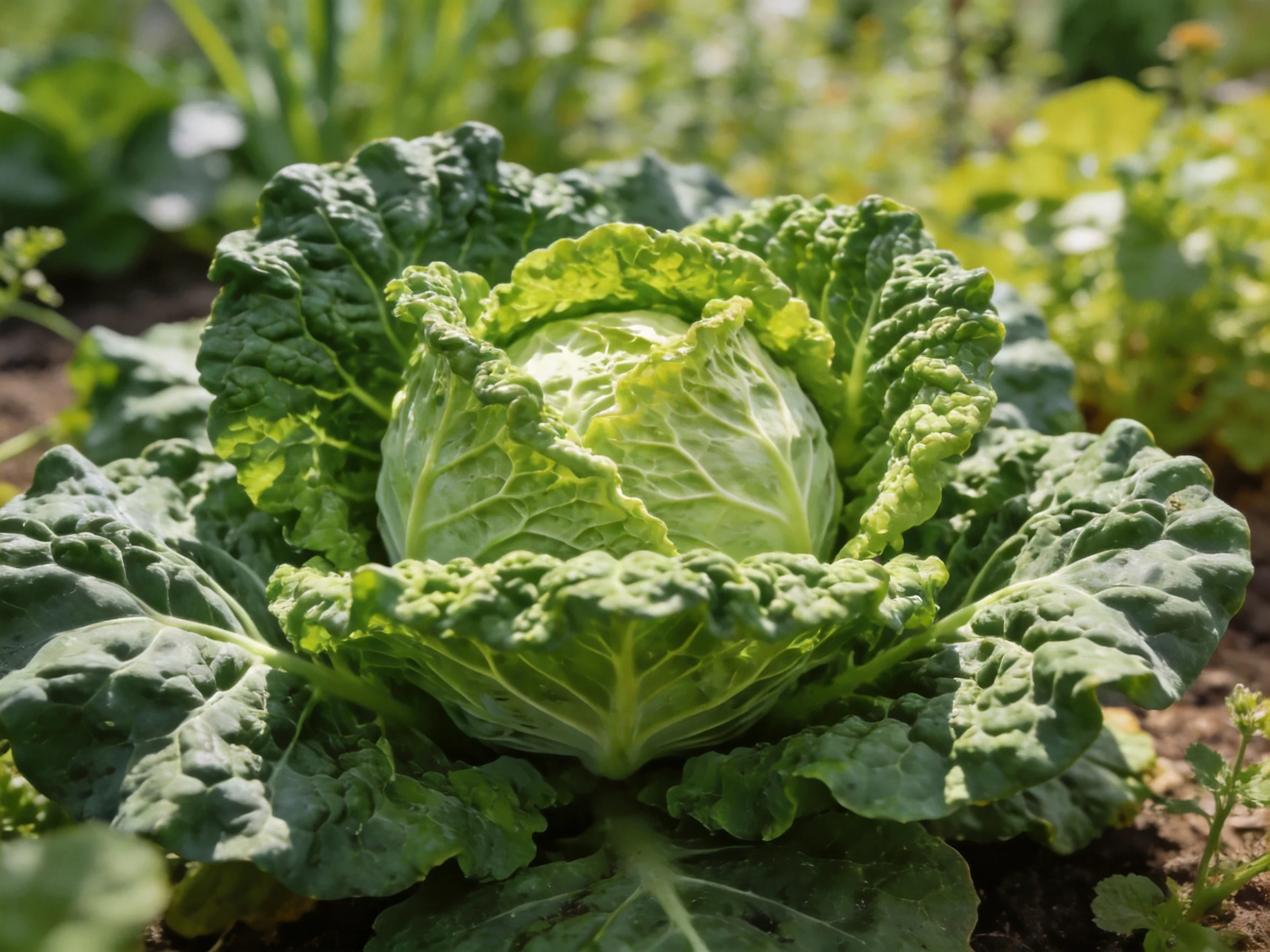 A mature green cabbage with crinkled leaves in a sunlit garden bed