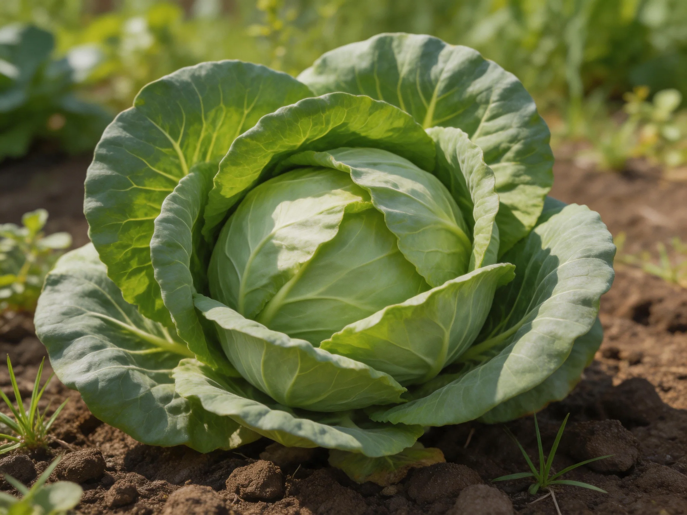 A mature green cabbagethriving in fertile brown soil with surrounding vegetation